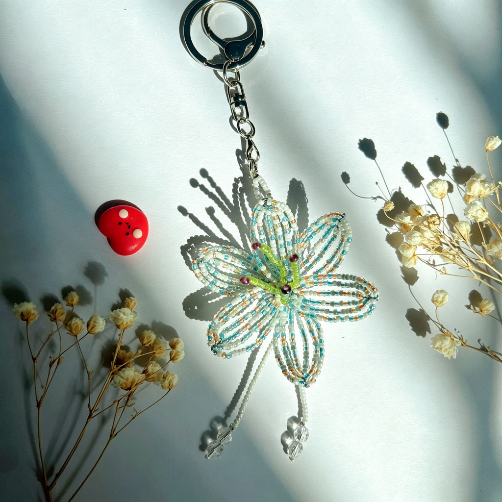 Handmade 3D White & Blue Multicolor Lily Flower Beaded Keychain | Crystal Drop Tassel Fairycore Bag Charm