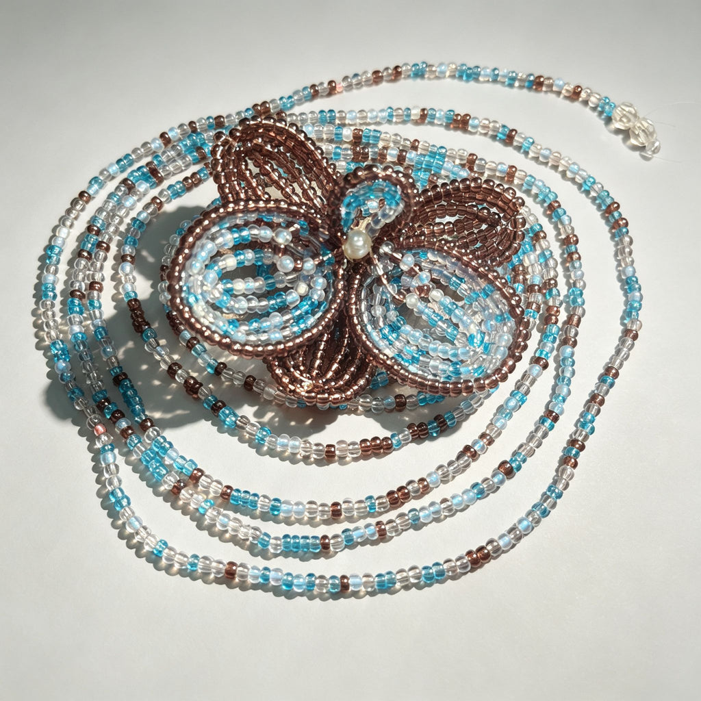 Handmade 3D Four-Petal Beaded Flower Lariat Necklace | Teal Brown Seed Bead Wearable Art