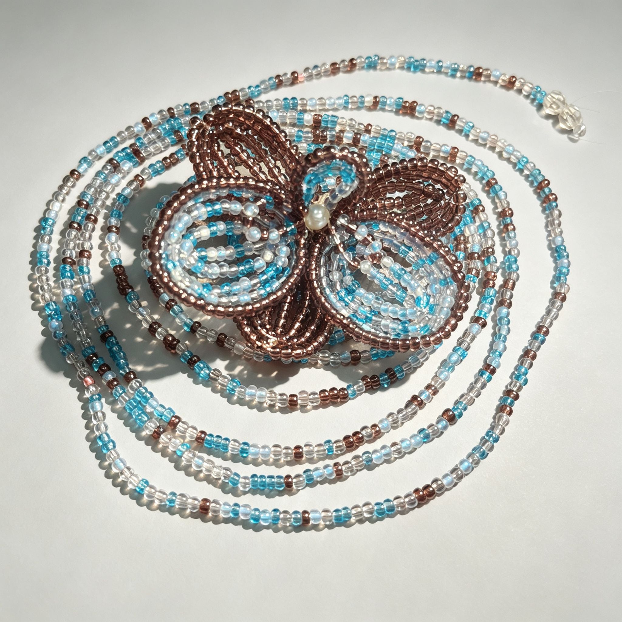 Handmade 3D Four-Petal Beaded Flower Lariat Necklace | Teal Brown Seed Bead Wearable Art