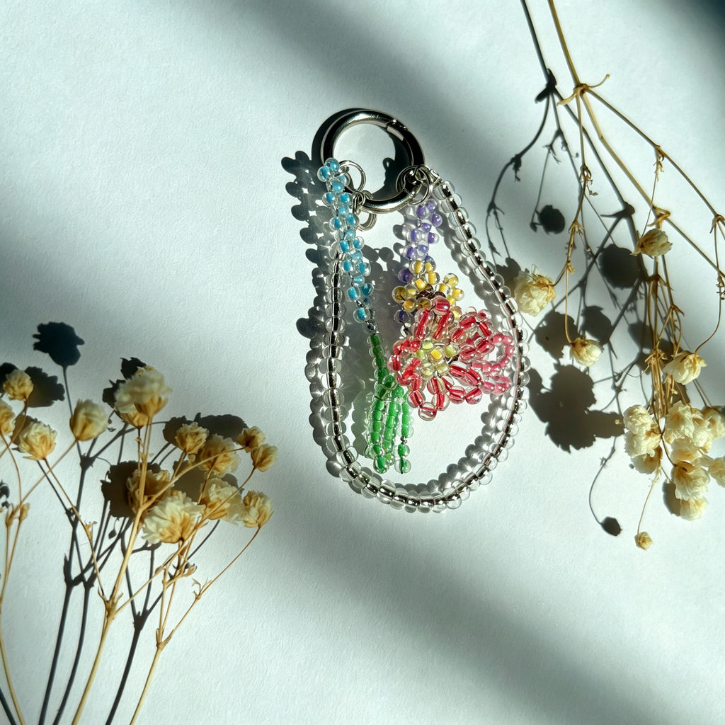 Handmade 3D Colorful Tulip Flower Bouquet Beaded Keychain | Pink Purple Yellow Green Kawaii Bag Charm