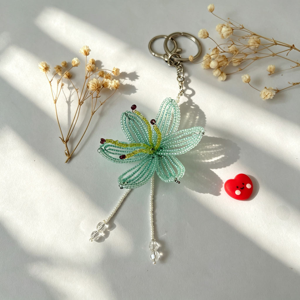 Handmade 3D Mint Green Transparent Lily Flower Beaded Keychain | Crystal Drop Tassel Fairycore Bag Charm