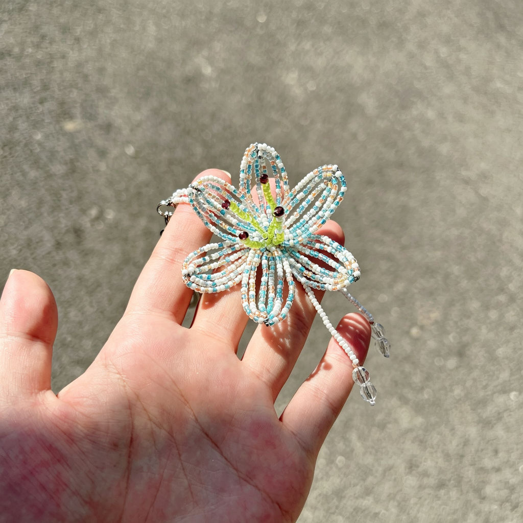 Handmade 3D White & Blue Multicolor Lily Flower Beaded Keychain | Crystal Drop Tassel Fairycore Bag Charm