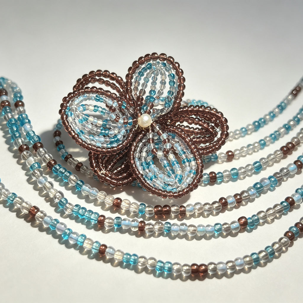 Handmade 3D Four-Petal Beaded Flower Lariat Necklace | Teal Brown Seed Bead Wearable Art