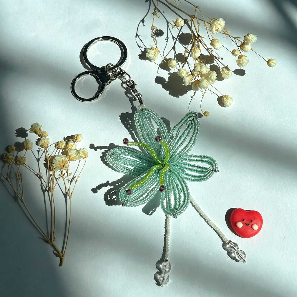 Handmade 3D Mint Green Transparent Lily Flower Beaded Keychain | Crystal Drop Tassel Fairycore Bag Charm