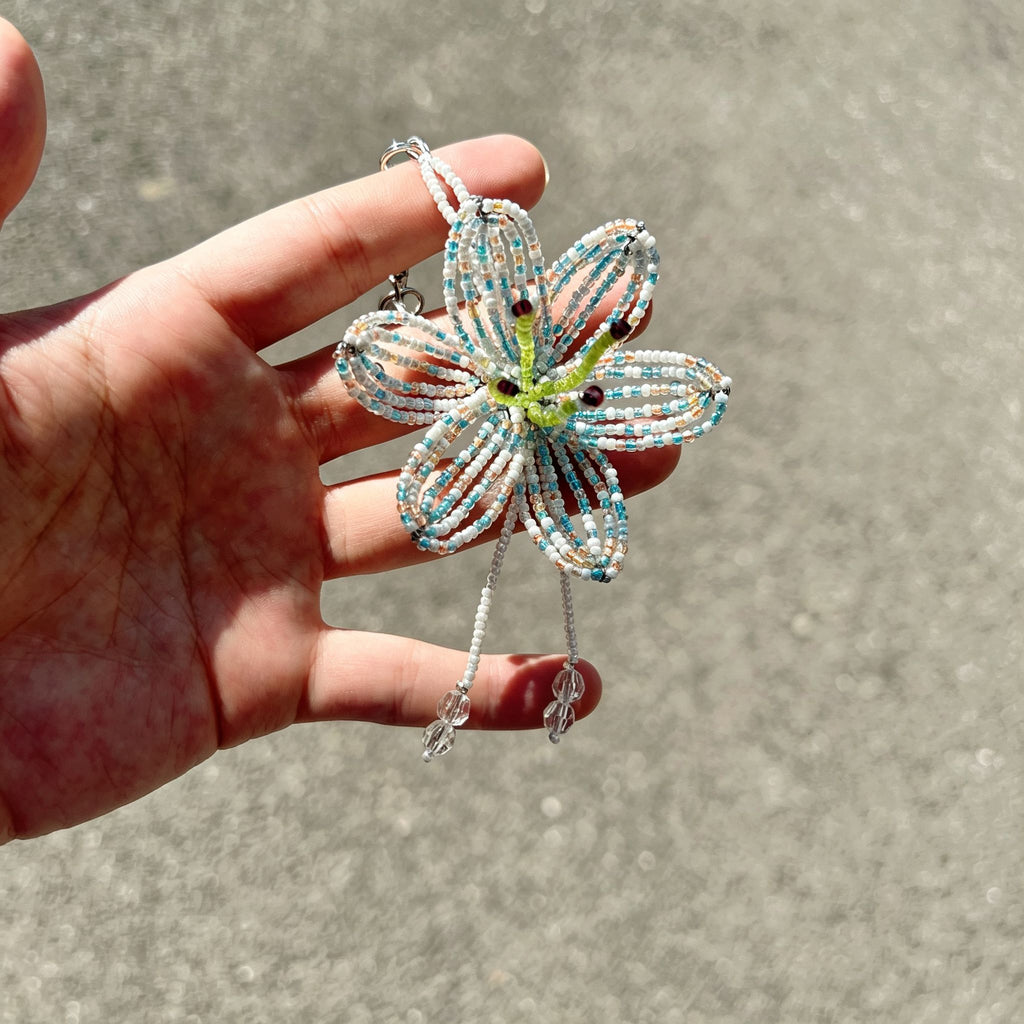 Handmade 3D White & Blue Multicolor Lily Flower Beaded Keychain | Crystal Drop Tassel Fairycore Bag Charm