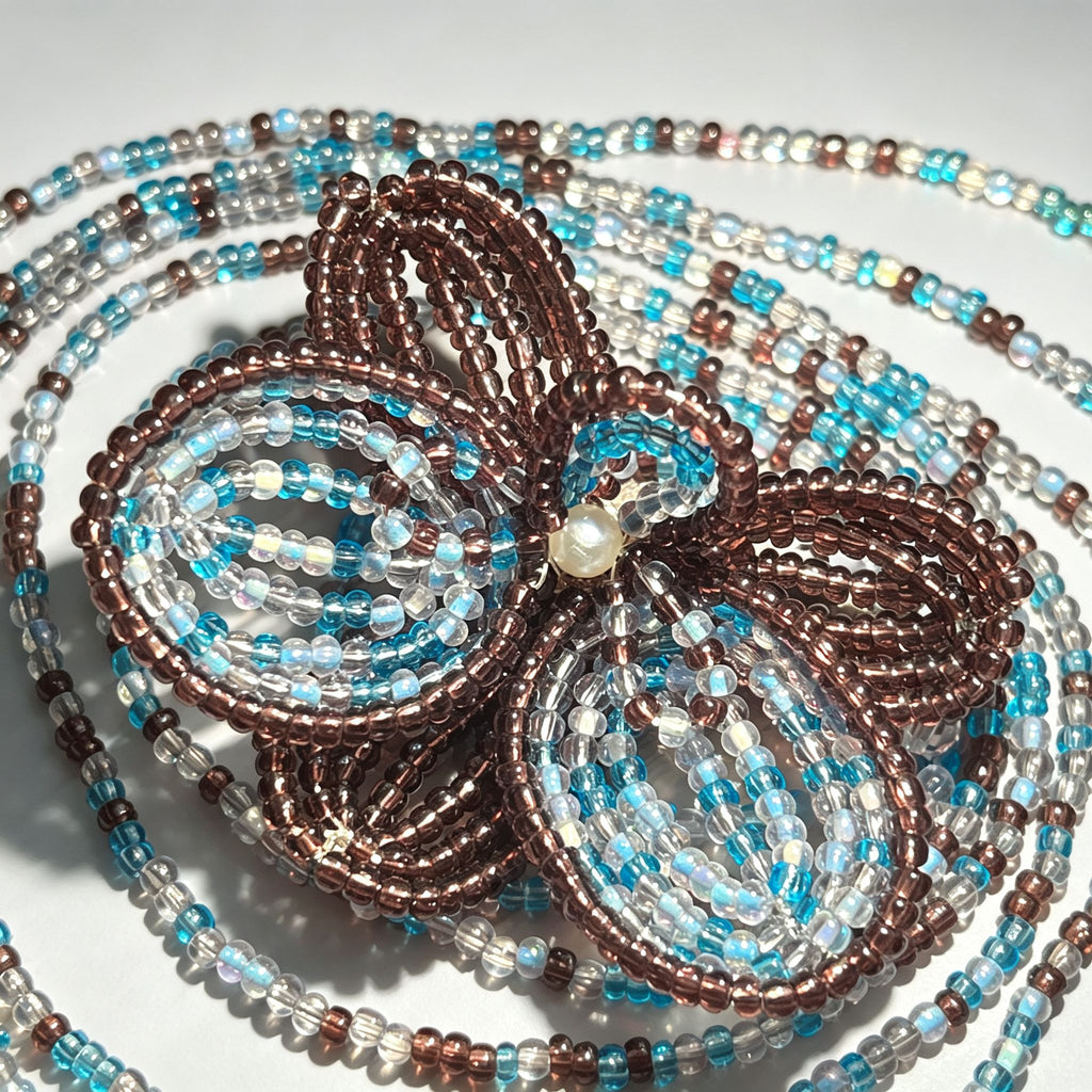 Handmade 3D Four-Petal Beaded Flower Lariat Necklace | Teal Brown Seed Bead Wearable Art