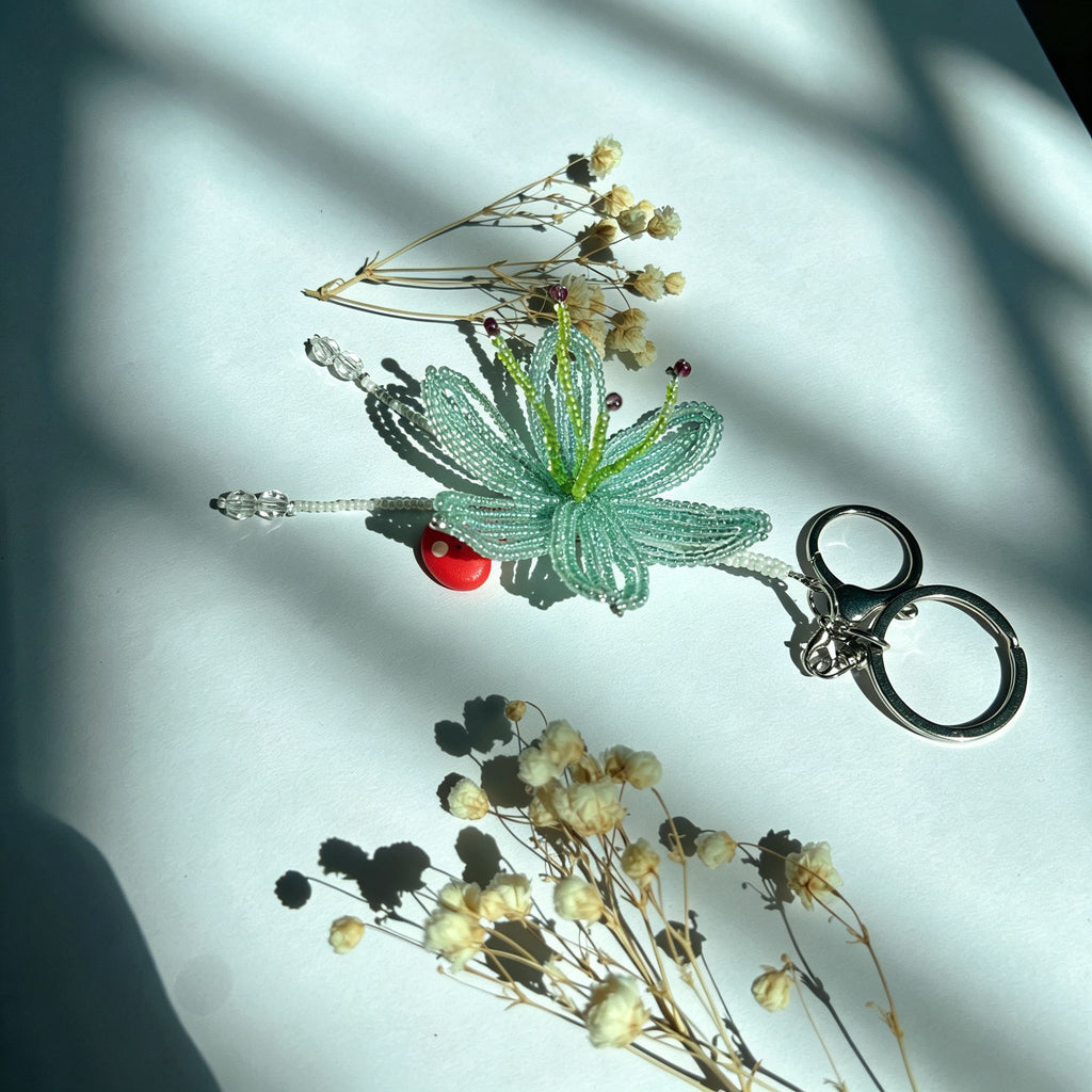 Handmade 3D Mint Green Transparent Lily Flower Beaded Keychain | Crystal Drop Tassel Fairycore Bag Charm