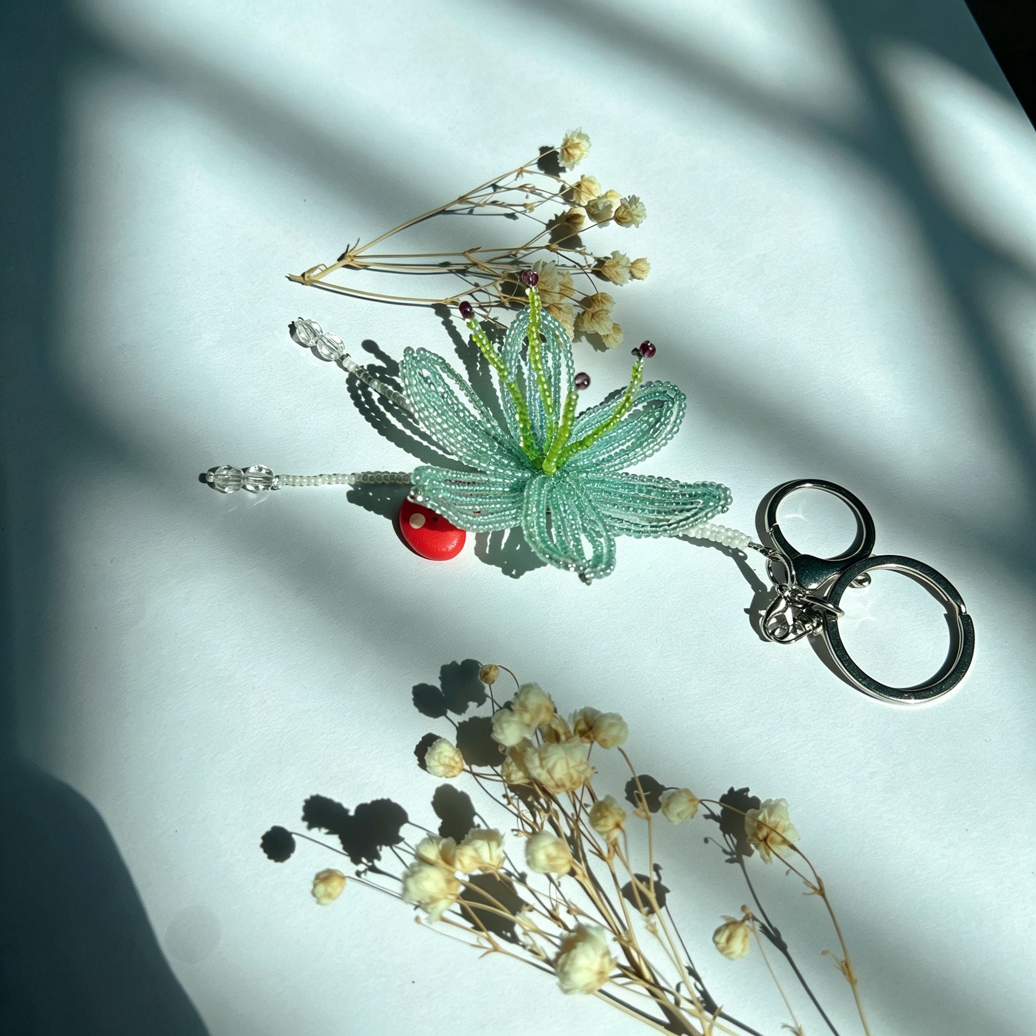 Handmade 3D Mint Green Transparent Lily Flower Beaded Keychain | Crystal Drop Tassel Fairycore Bag Charm