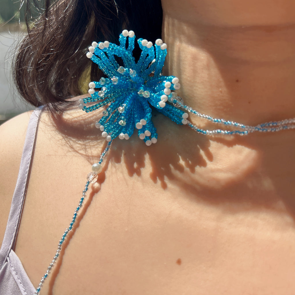 Handmade 3D Blue Starburst Beaded Flower Lariat Necklace | Teal Seed Bead Pearl Crystal Drop Fairycore