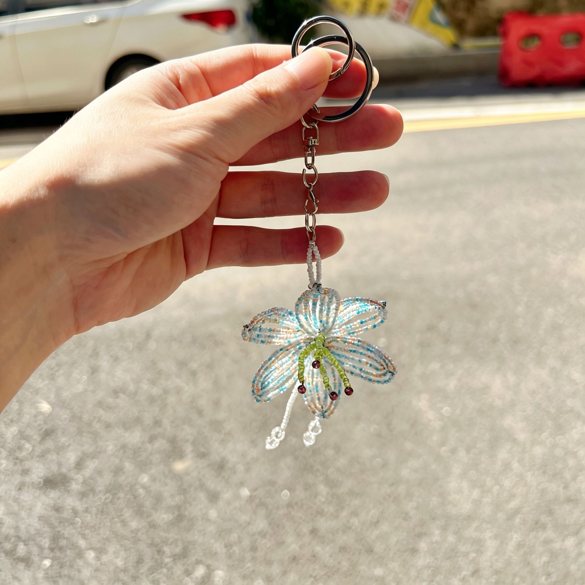 Handmade 3D White & Blue Multicolor Lily Flower Beaded Keychain | Crystal Drop Tassel Fairycore Bag Charm
