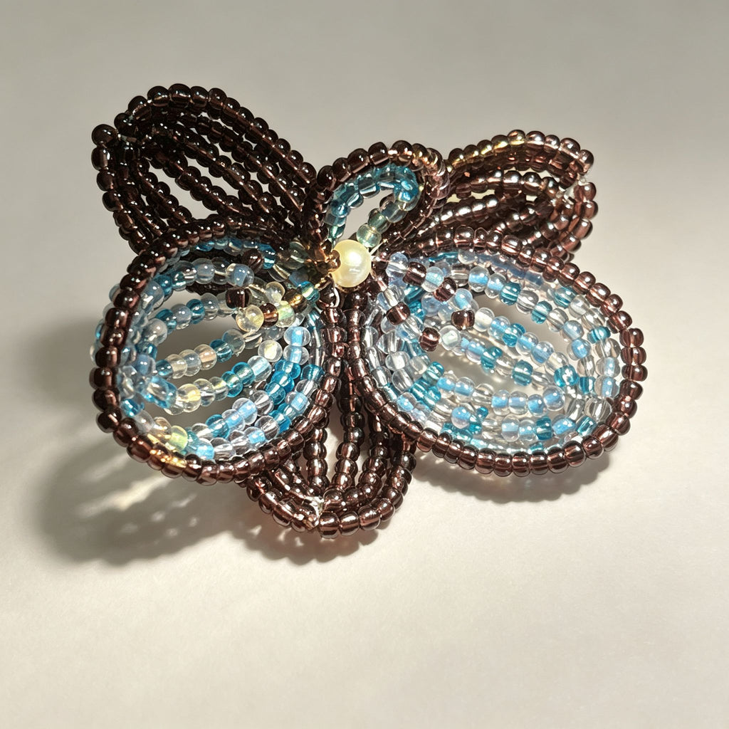 Handmade 3D Four-Petal Beaded Flower Lariat Necklace | Teal Brown Seed Bead Wearable Art
