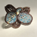 Handmade 3D Four-Petal Beaded Flower Lariat Necklace | Teal Brown Seed Bead Wearable Art