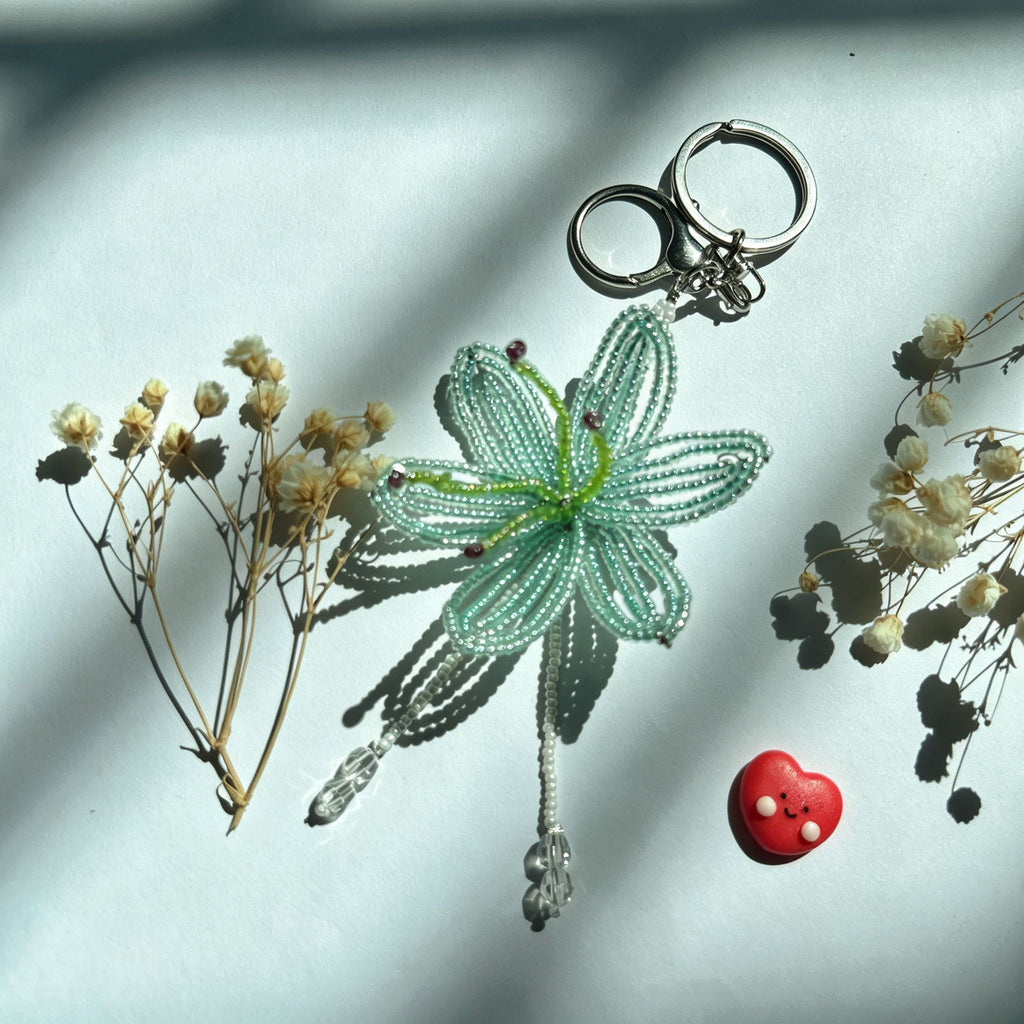 Handmade 3D Mint Green Transparent Lily Flower Beaded Keychain | Crystal Drop Tassel Fairycore Bag Charm