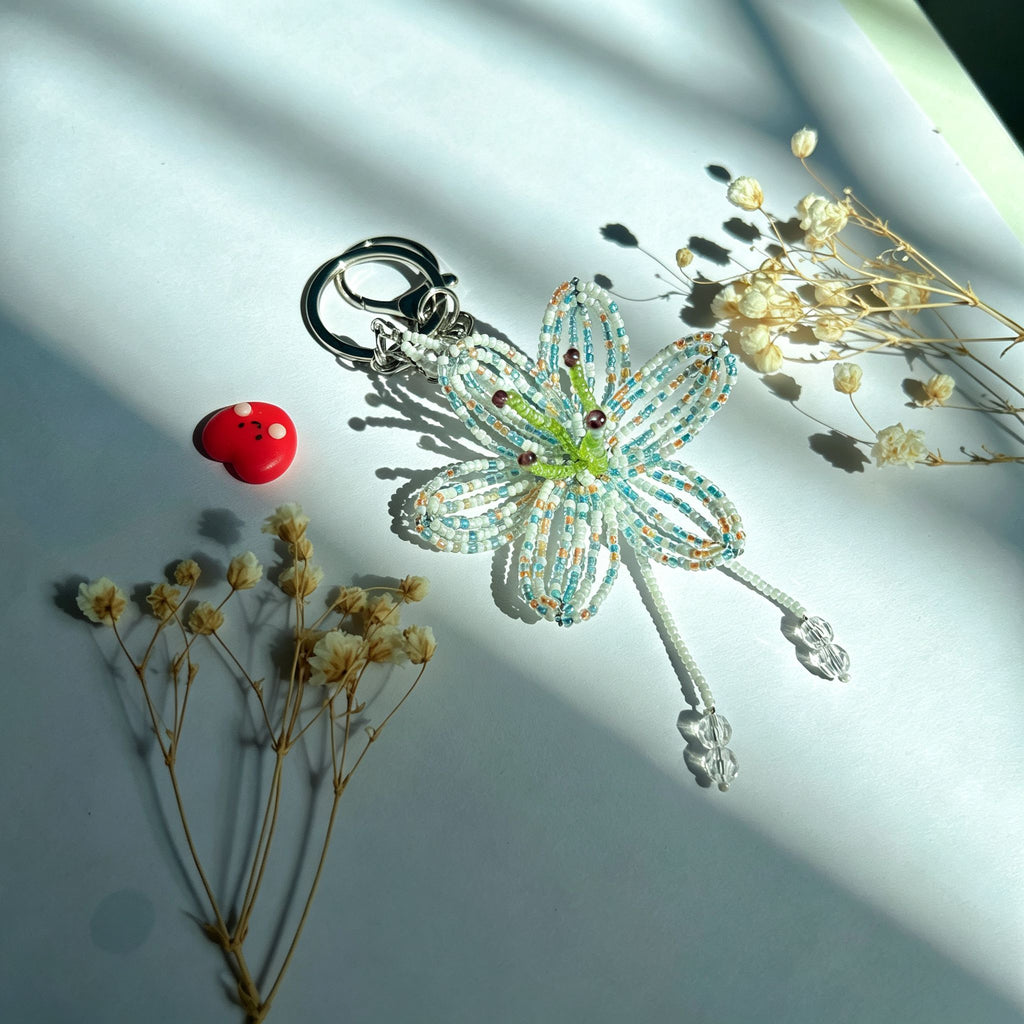 Handmade 3D White & Blue Multicolor Lily Flower Beaded Keychain | Crystal Drop Tassel Fairycore Bag Charm