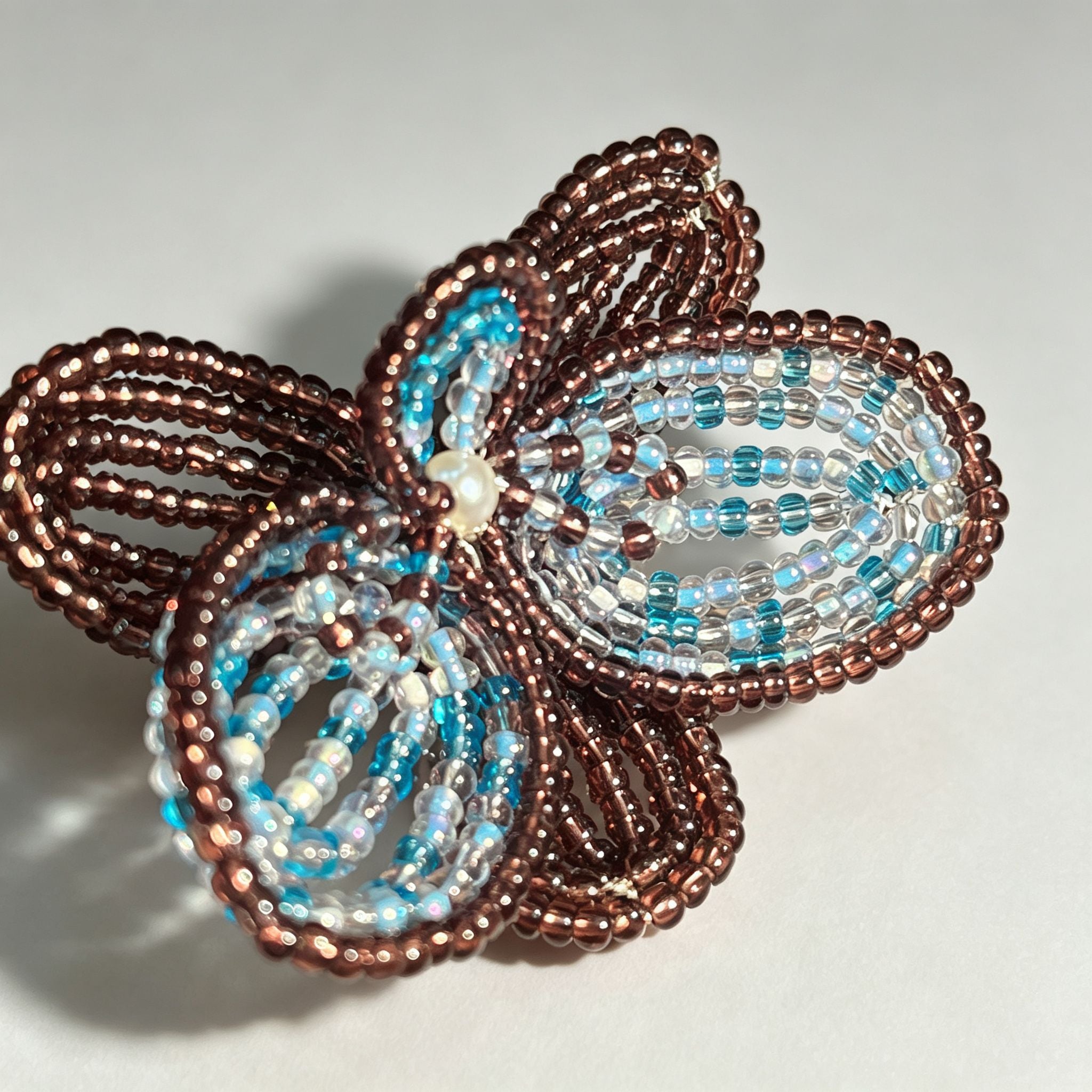 Handmade 3D Four-Petal Beaded Flower Lariat Necklace | Teal Brown Seed Bead Wearable Art