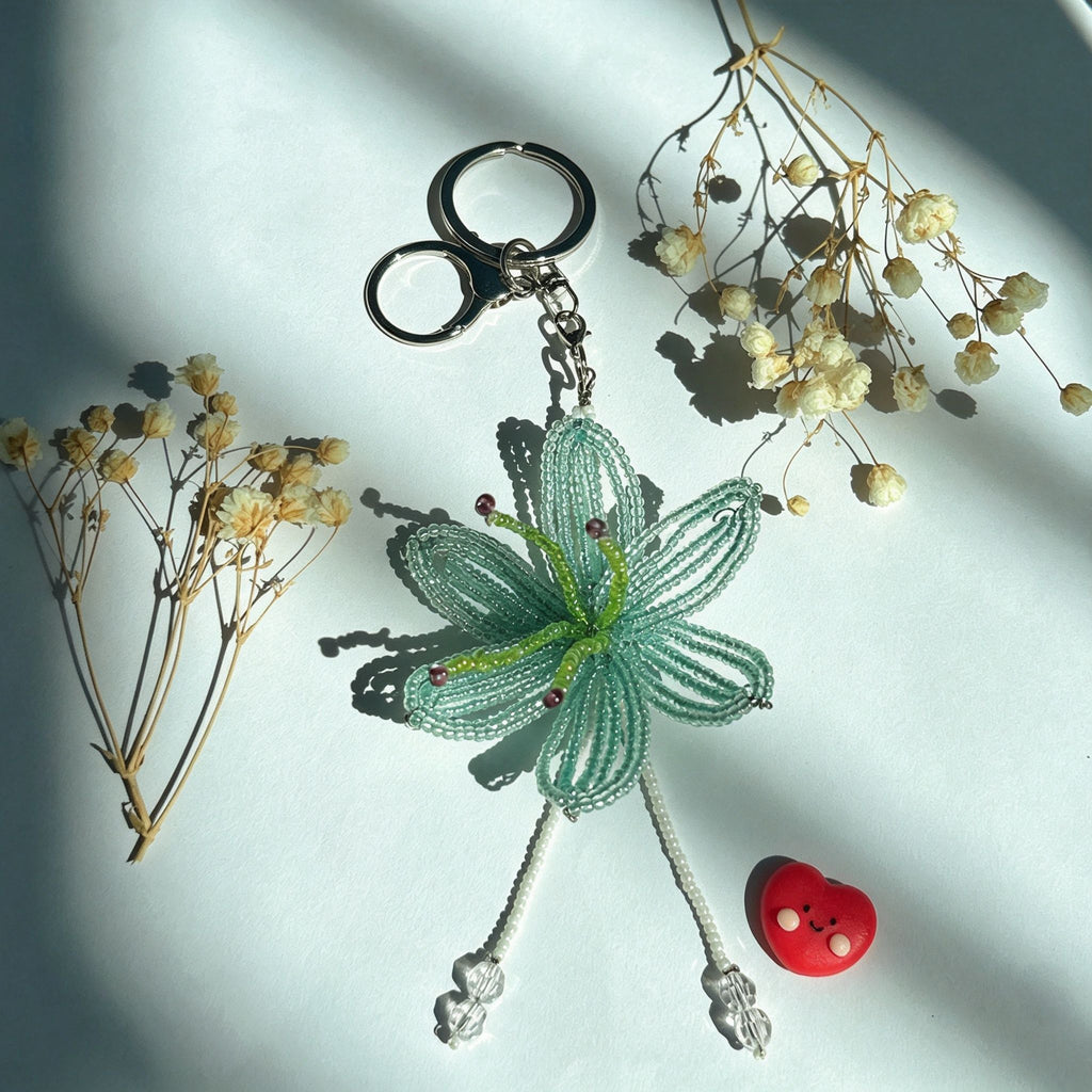 Handmade 3D Mint Green Transparent Lily Flower Beaded Keychain | Crystal Drop Tassel Fairycore Bag Charm