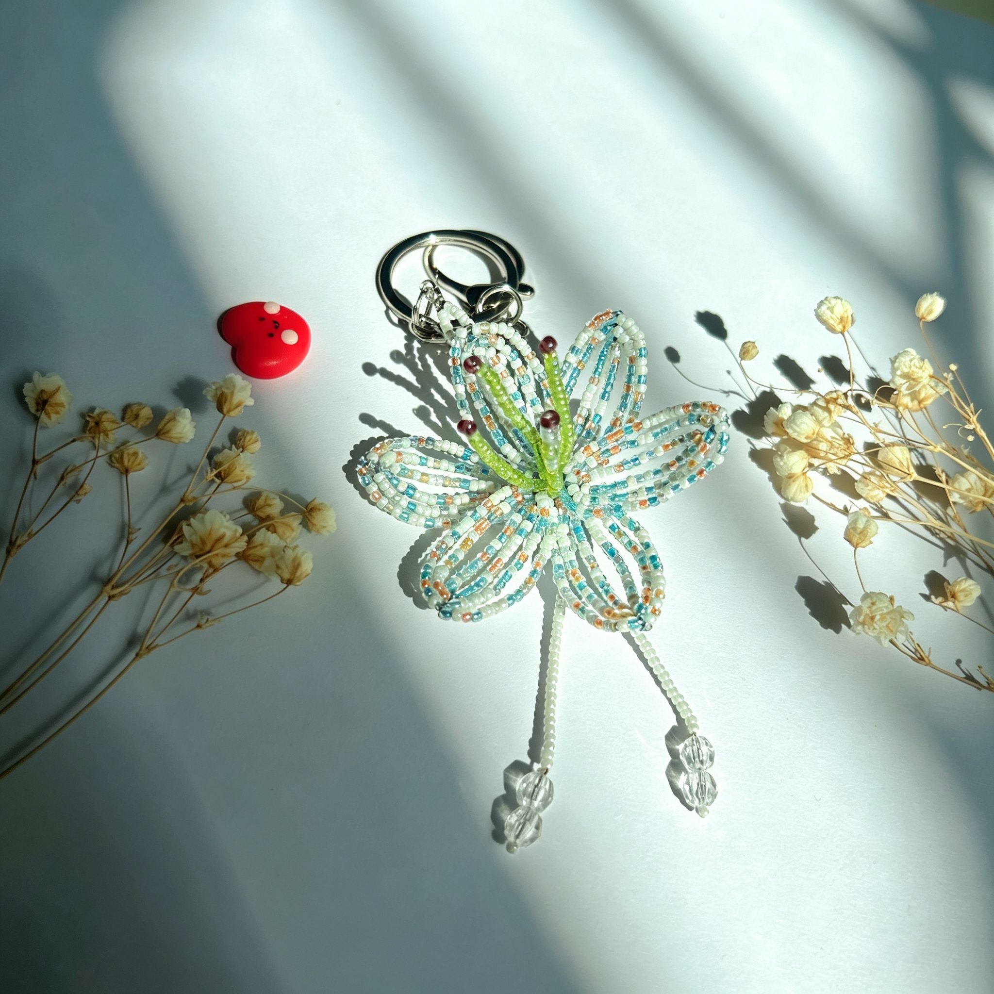 Handmade 3D White & Blue Multicolor Lily Flower Beaded Keychain | Crystal Drop Tassel Fairycore Bag Charm