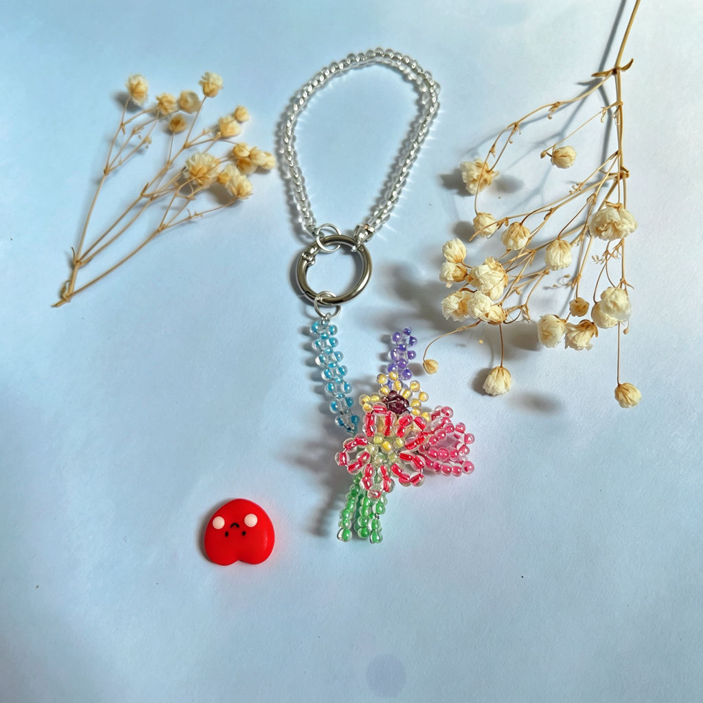 Handmade 3D Colorful Tulip Flower Bouquet Beaded Keychain | Pink Purple Yellow Green Kawaii Bag Charm