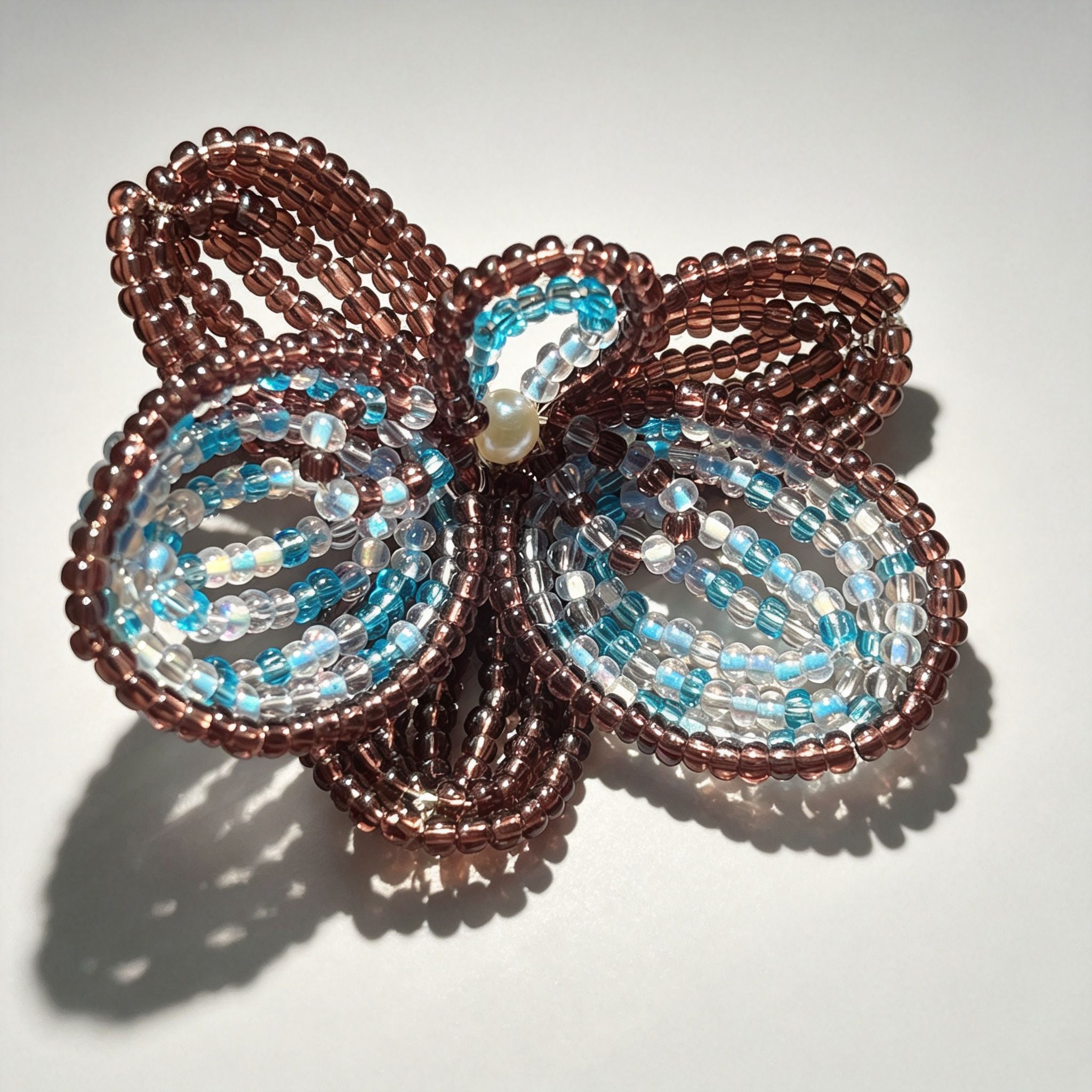 Handmade 3D Four-Petal Beaded Flower Lariat Necklace | Teal Brown Seed Bead Wearable Art