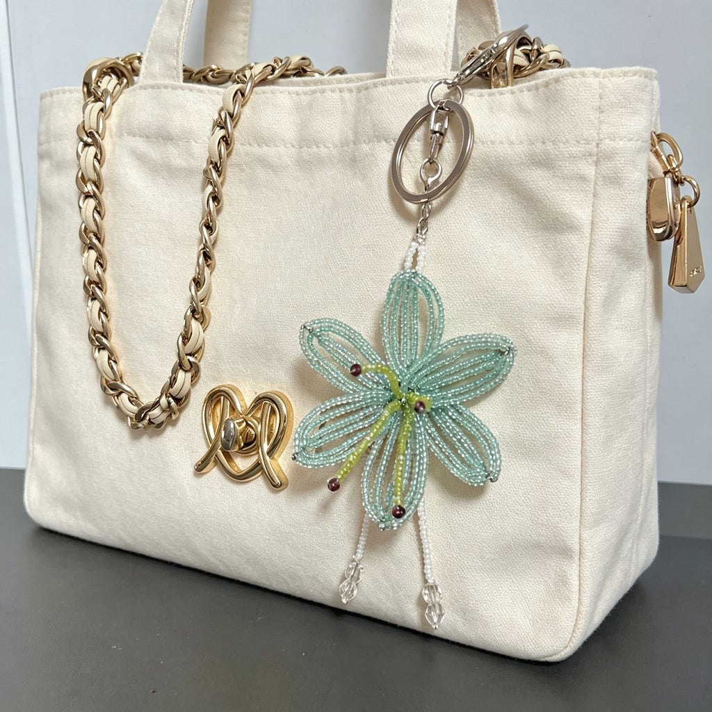 Handmade 3D Mint Green Transparent Lily Flower Beaded Keychain | Crystal Drop Tassel Fairycore Bag Charm