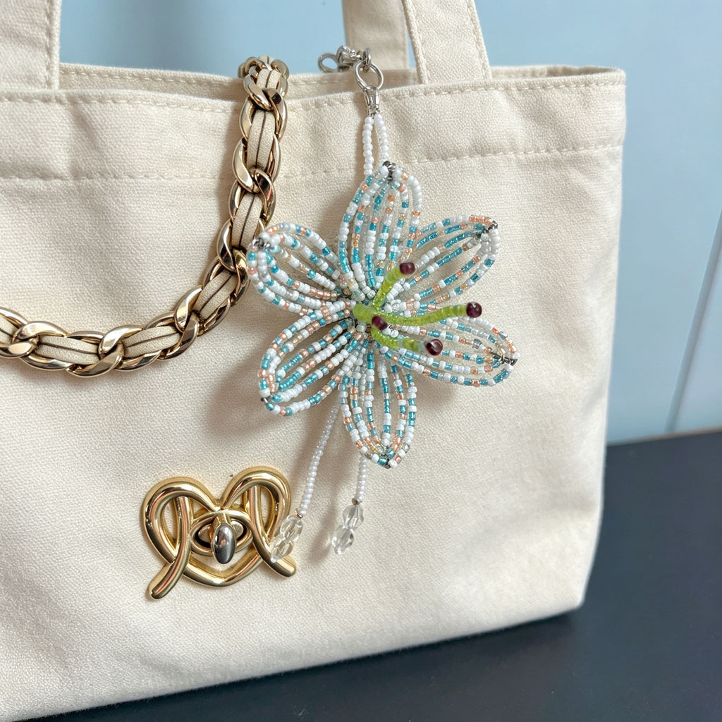 Handmade 3D White & Blue Multicolor Lily Flower Beaded Keychain | Crystal Drop Tassel Fairycore Bag Charm