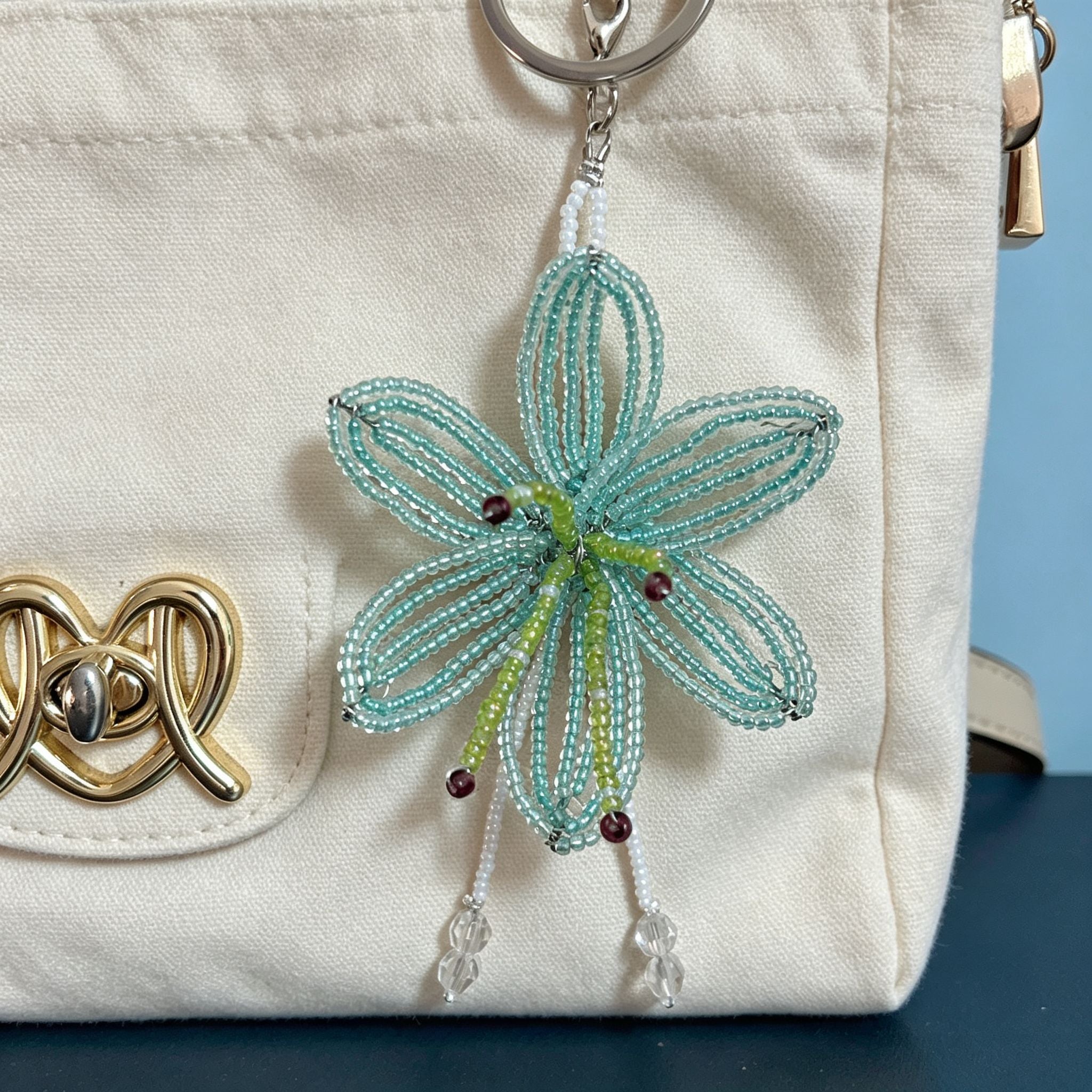 Handmade 3D Mint Green Transparent Lily Flower Beaded Keychain | Crystal Drop Tassel Fairycore Bag Charm