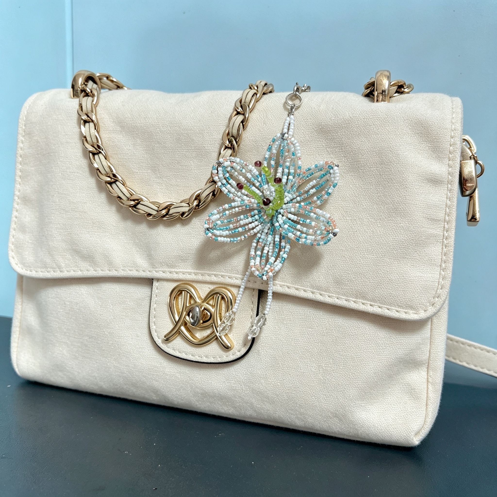 Handmade 3D White & Blue Multicolor Lily Flower Beaded Keychain | Crystal Drop Tassel Fairycore Bag Charm