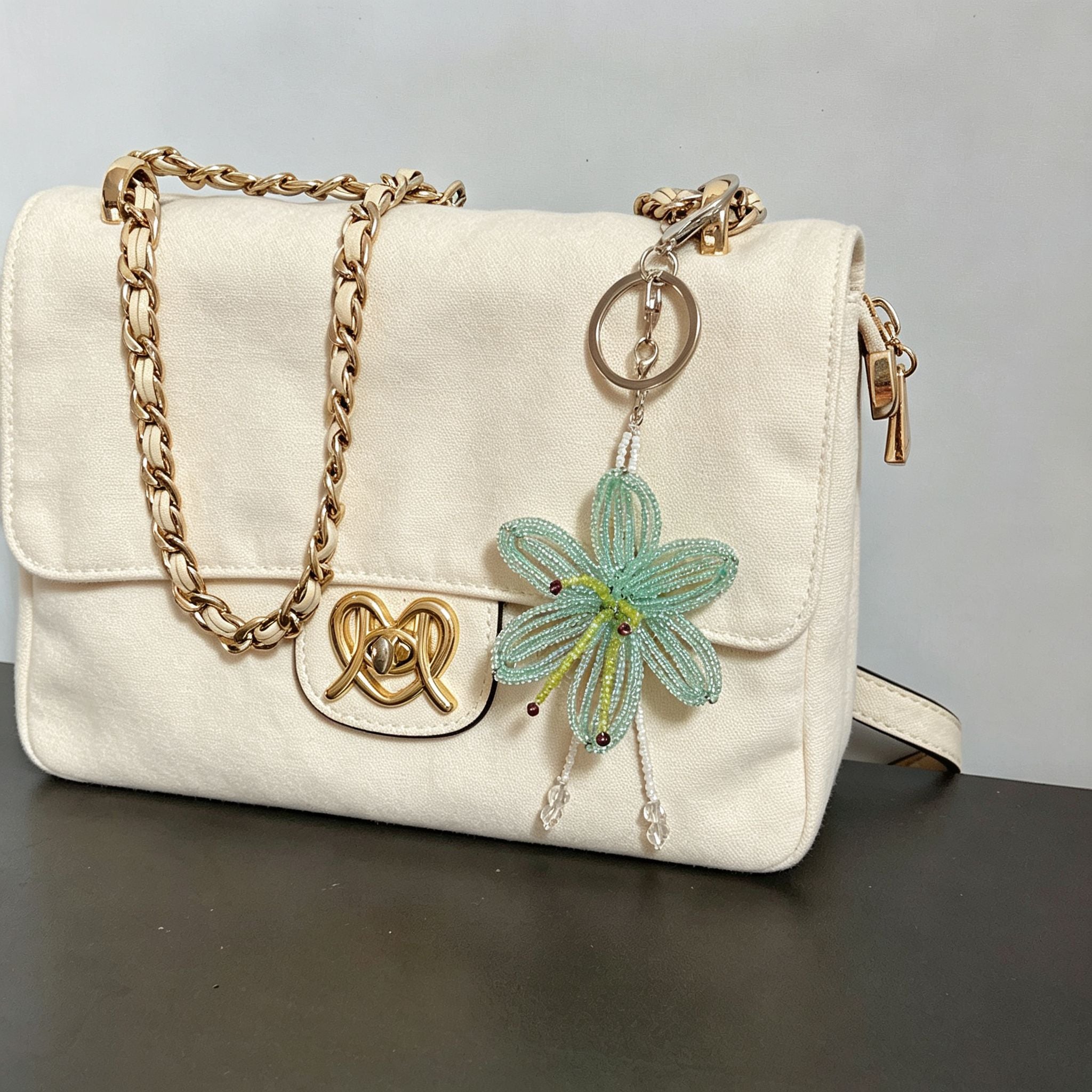 Handmade 3D Mint Green Transparent Lily Flower Beaded Keychain | Crystal Drop Tassel Fairycore Bag Charm
