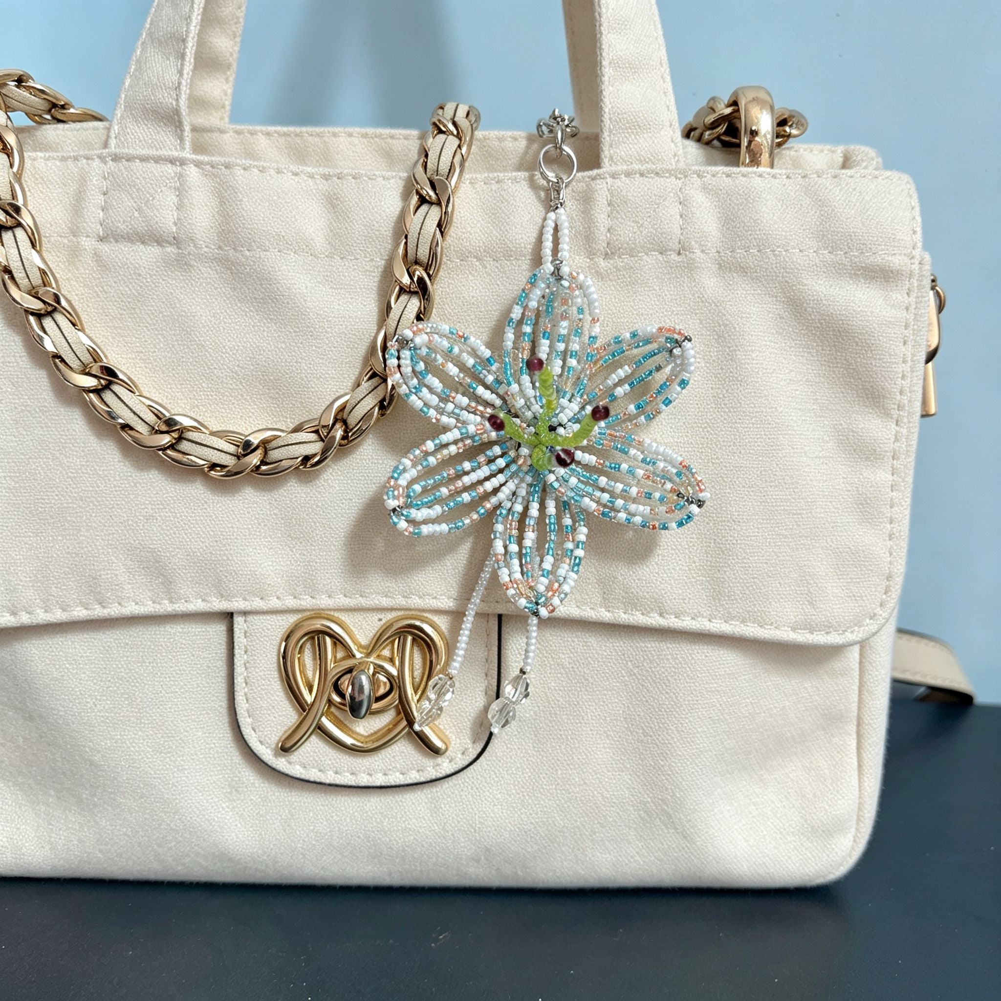 Handmade 3D White & Blue Multicolor Lily Flower Beaded Keychain | Crystal Drop Tassel Fairycore Bag Charm