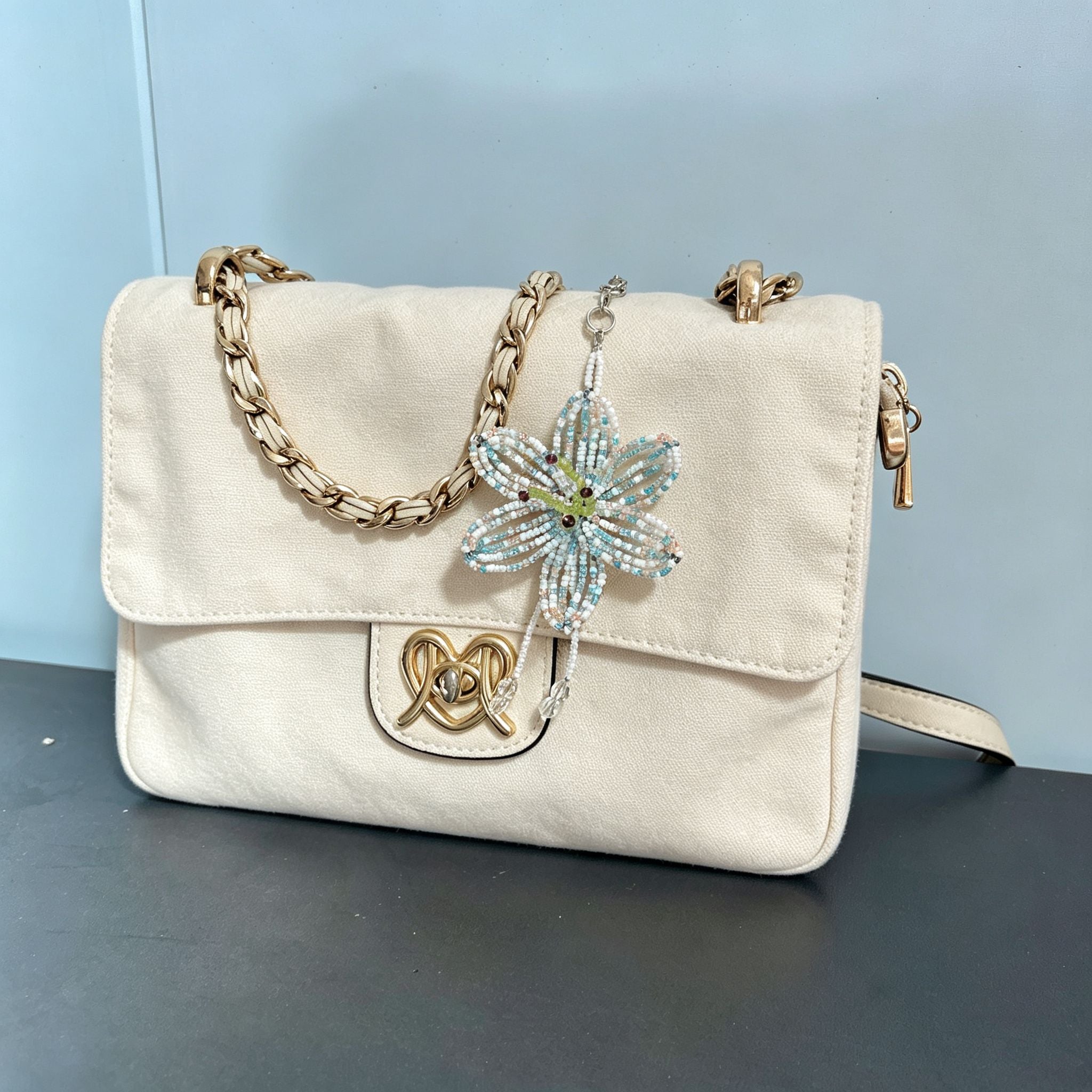 Handmade 3D White & Blue Multicolor Lily Flower Beaded Keychain | Crystal Drop Tassel Fairycore Bag Charm