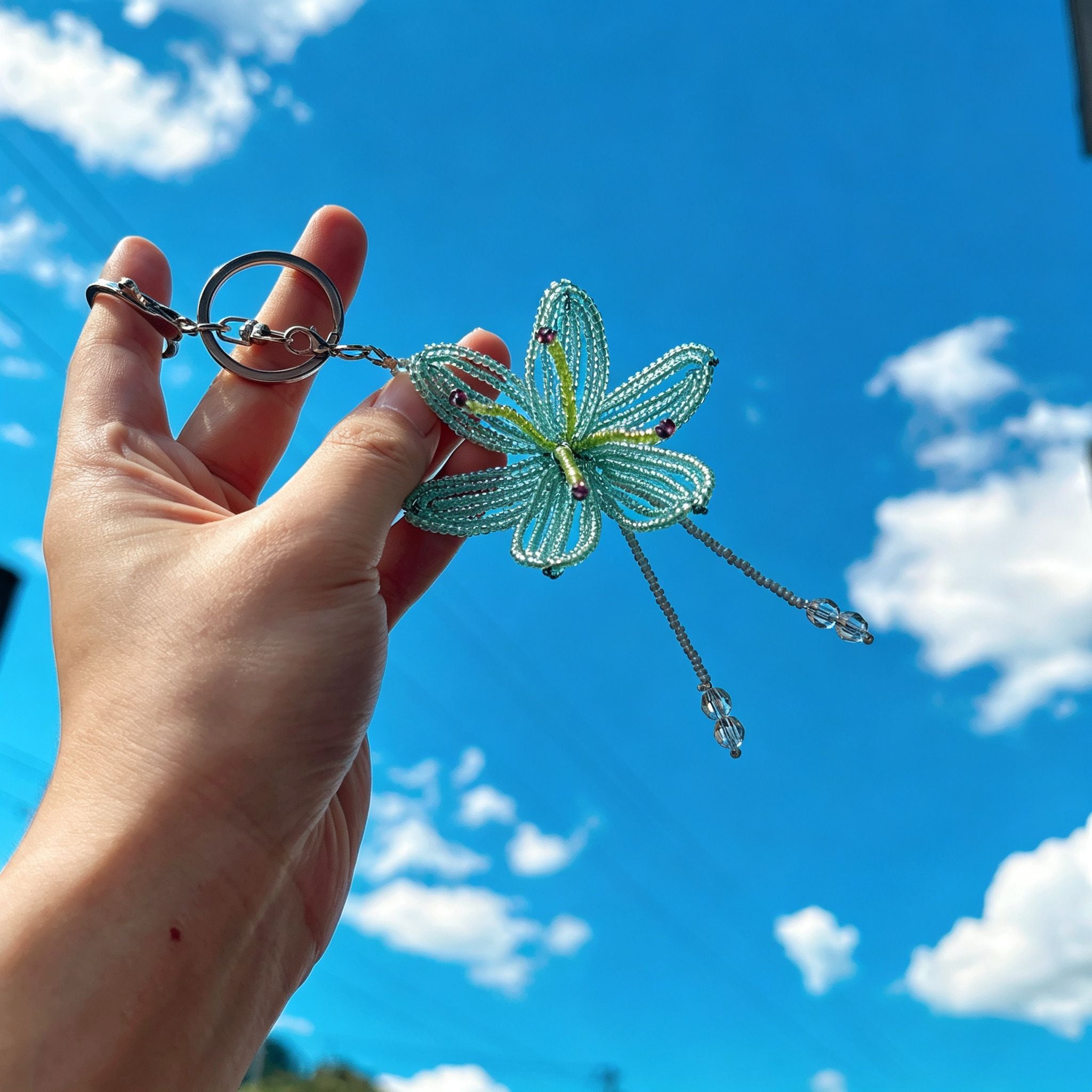 Handmade 3D Mint Green Transparent Lily Flower Beaded Keychain | Crystal Drop Tassel Fairycore Bag Charm