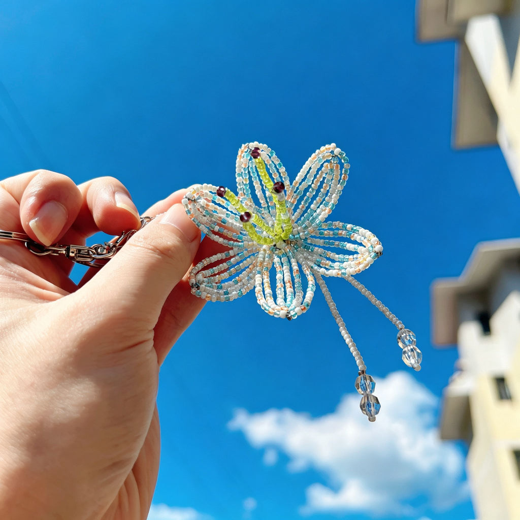 Handmade 3D White & Blue Multicolor Lily Flower Beaded Keychain | Crystal Drop Tassel Fairycore Bag Charm