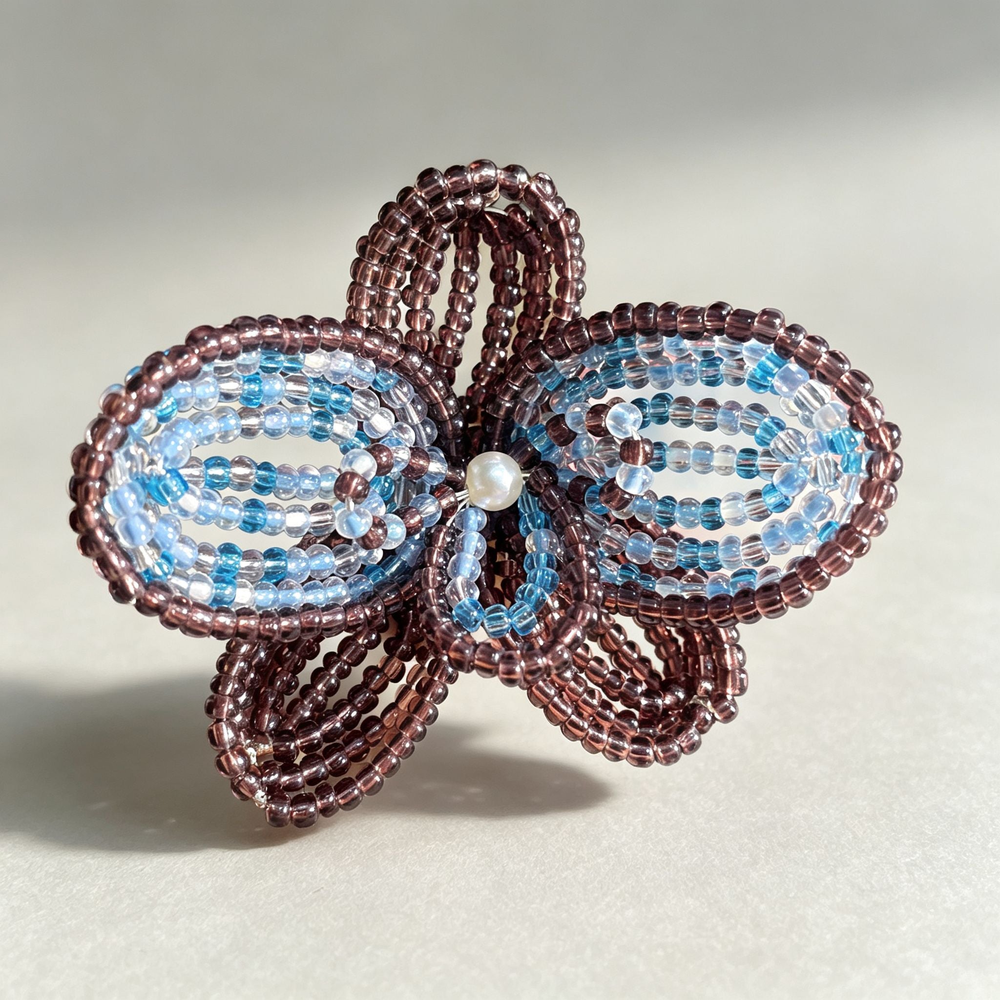 Handmade 3D Four-Petal Beaded Flower Lariat Necklace | Teal Brown Seed Bead Wearable Art