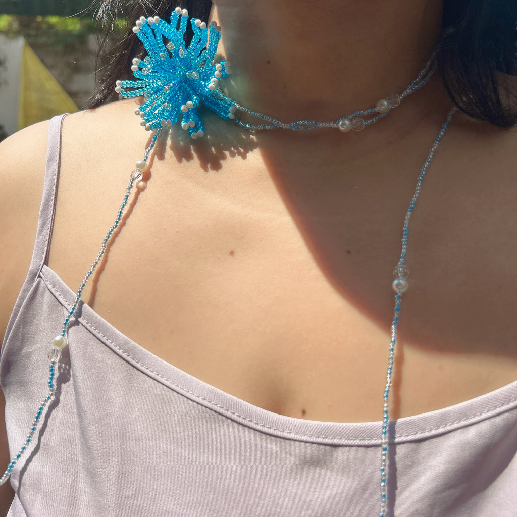 Handmade 3D Blue Starburst Beaded Flower Lariat Necklace | Teal Seed Bead Pearl Crystal Drop Fairycore