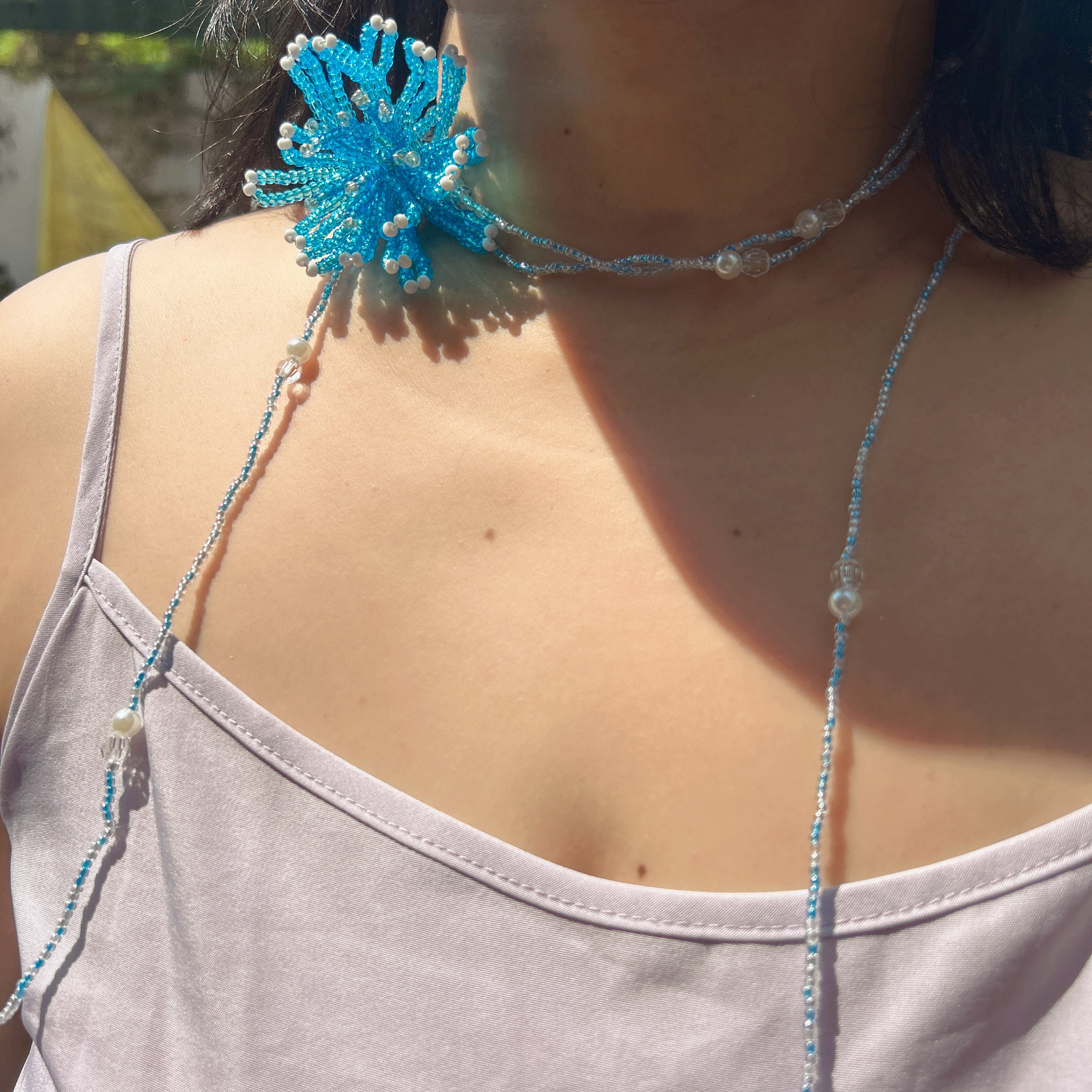 Handmade 3D Blue Starburst Beaded Flower Lariat Necklace | Teal Seed Bead Pearl Crystal Drop Fairycore