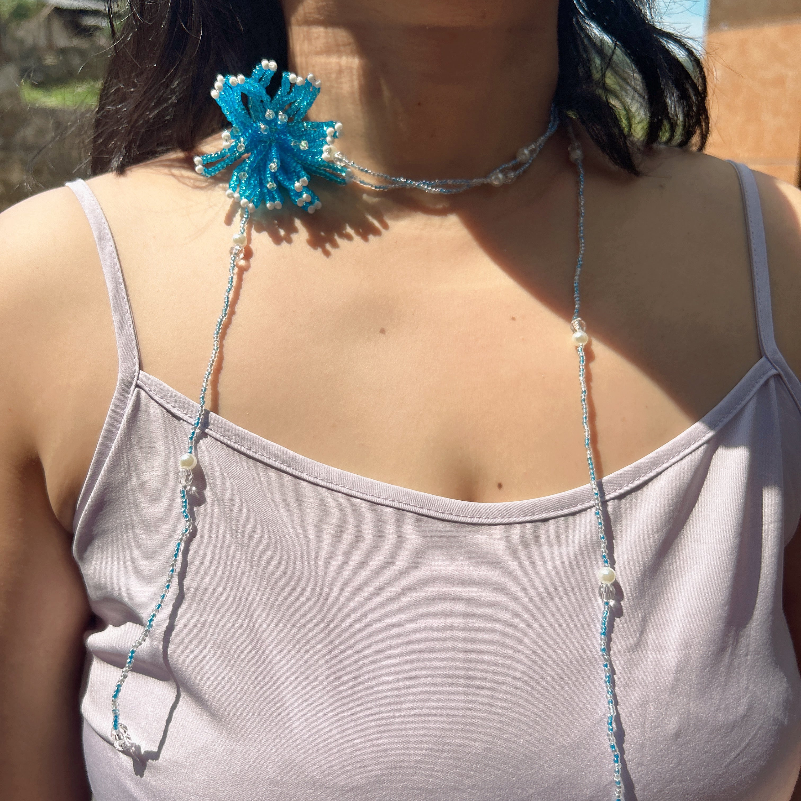 Handmade 3D Blue Starburst Beaded Flower Lariat Necklace | Teal Seed Bead Pearl Crystal Drop Fairycore
