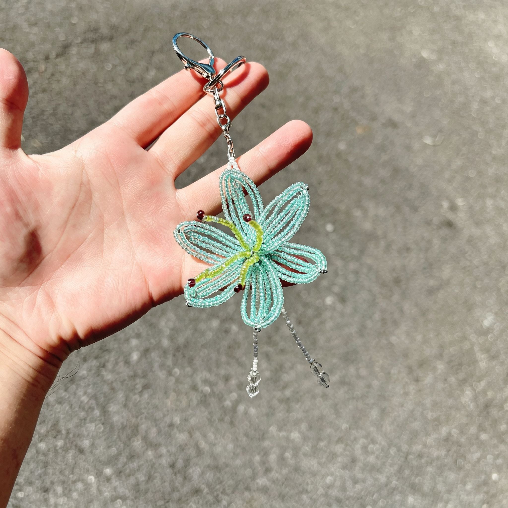 Handmade 3D Mint Green Transparent Lily Flower Beaded Keychain | Crystal Drop Tassel Fairycore Bag Charm