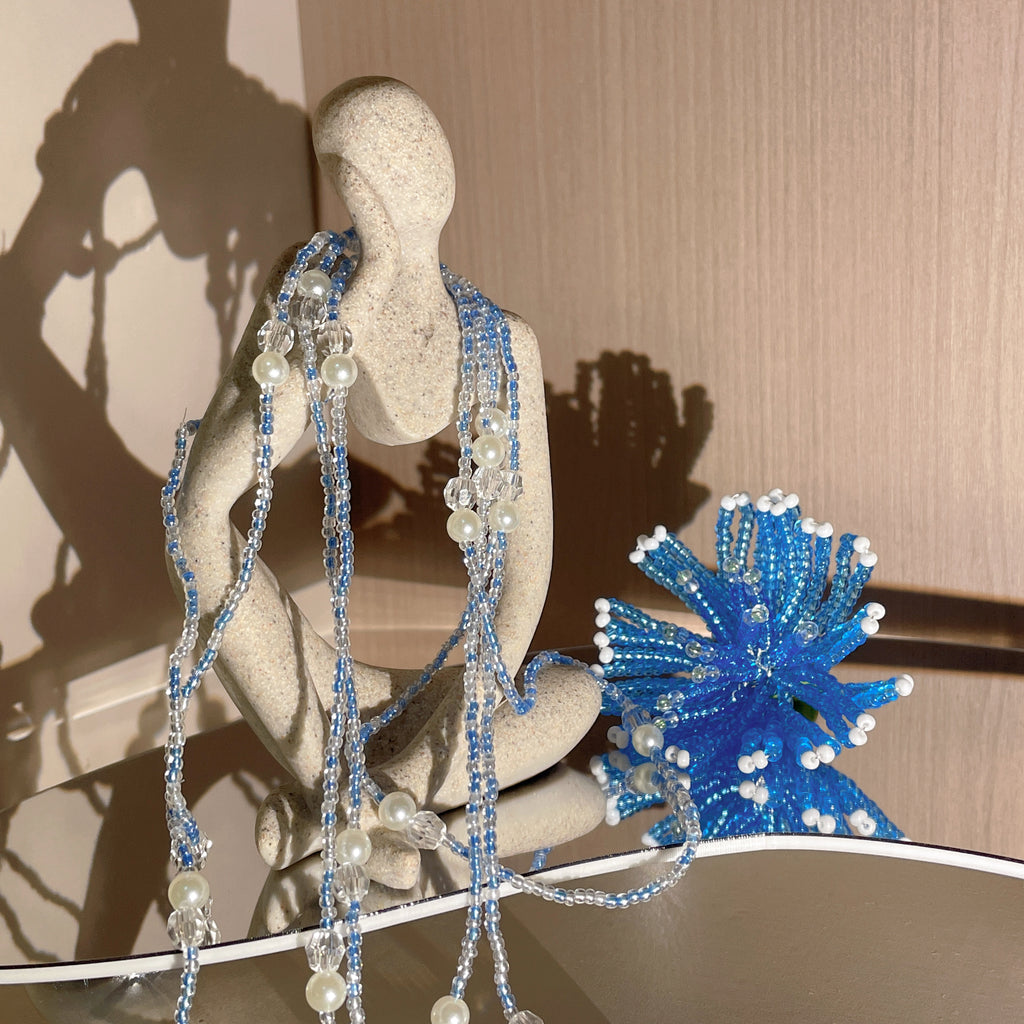 Handmade 3D Blue Starburst Beaded Flower Lariat Necklace | Teal Seed Bead Pearl Crystal Drop Fairycore