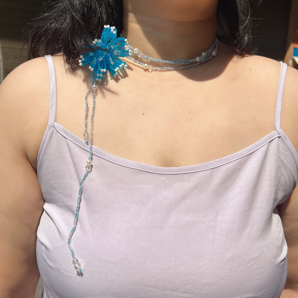 Handmade 3D Blue Starburst Beaded Flower Lariat Necklace | Teal Seed Bead Pearl Crystal Drop Fairycore