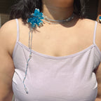 Handmade 3D Blue Starburst Beaded Flower Lariat Necklace | Teal Seed Bead Pearl Crystal Drop Fairycore