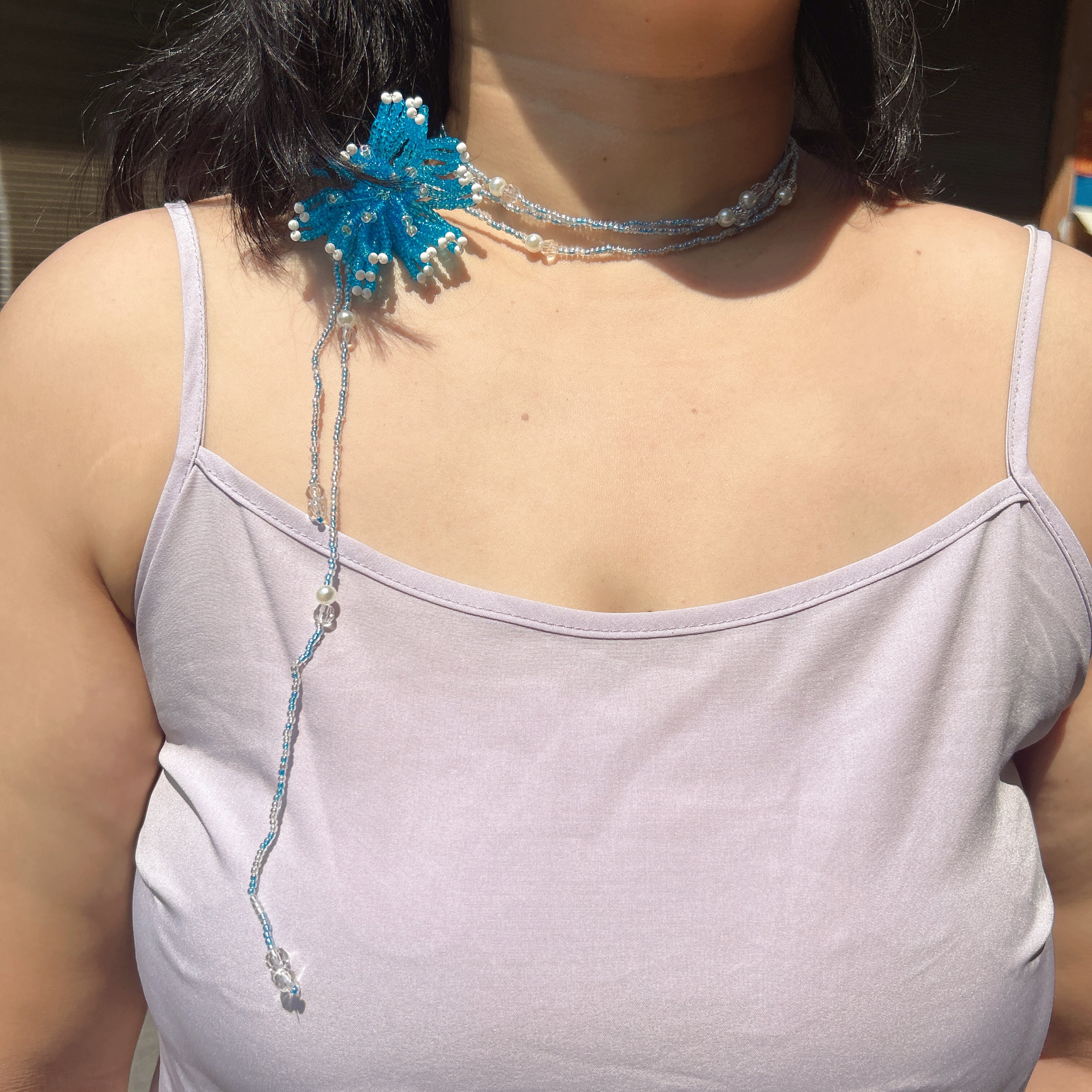 Handmade 3D Blue Starburst Beaded Flower Lariat Necklace | Teal Seed Bead Pearl Crystal Drop Fairycore