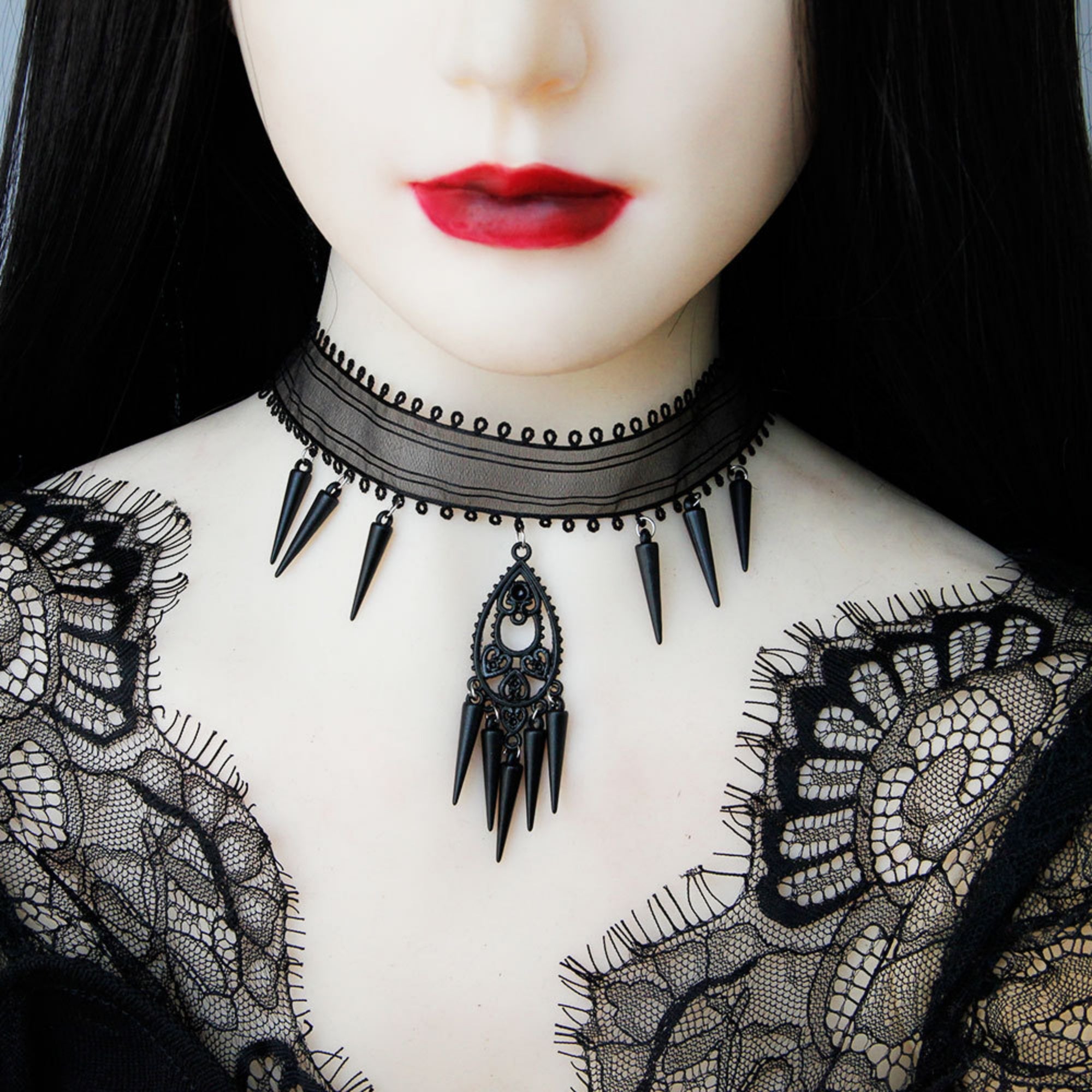 Halloween Black Mesh Choker Necklace | Gothic Spike Fringe Drop Pendant Vampire Dark Queen Halloween Costume Jewelry Gift