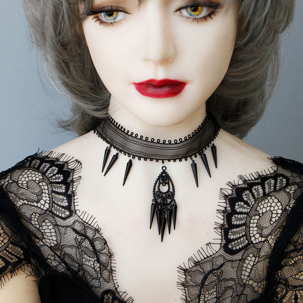 Halloween Black Mesh Choker Necklace | Gothic Spike Fringe Drop Pendant Vampire Dark Queen Halloween Costume Jewelry Gift