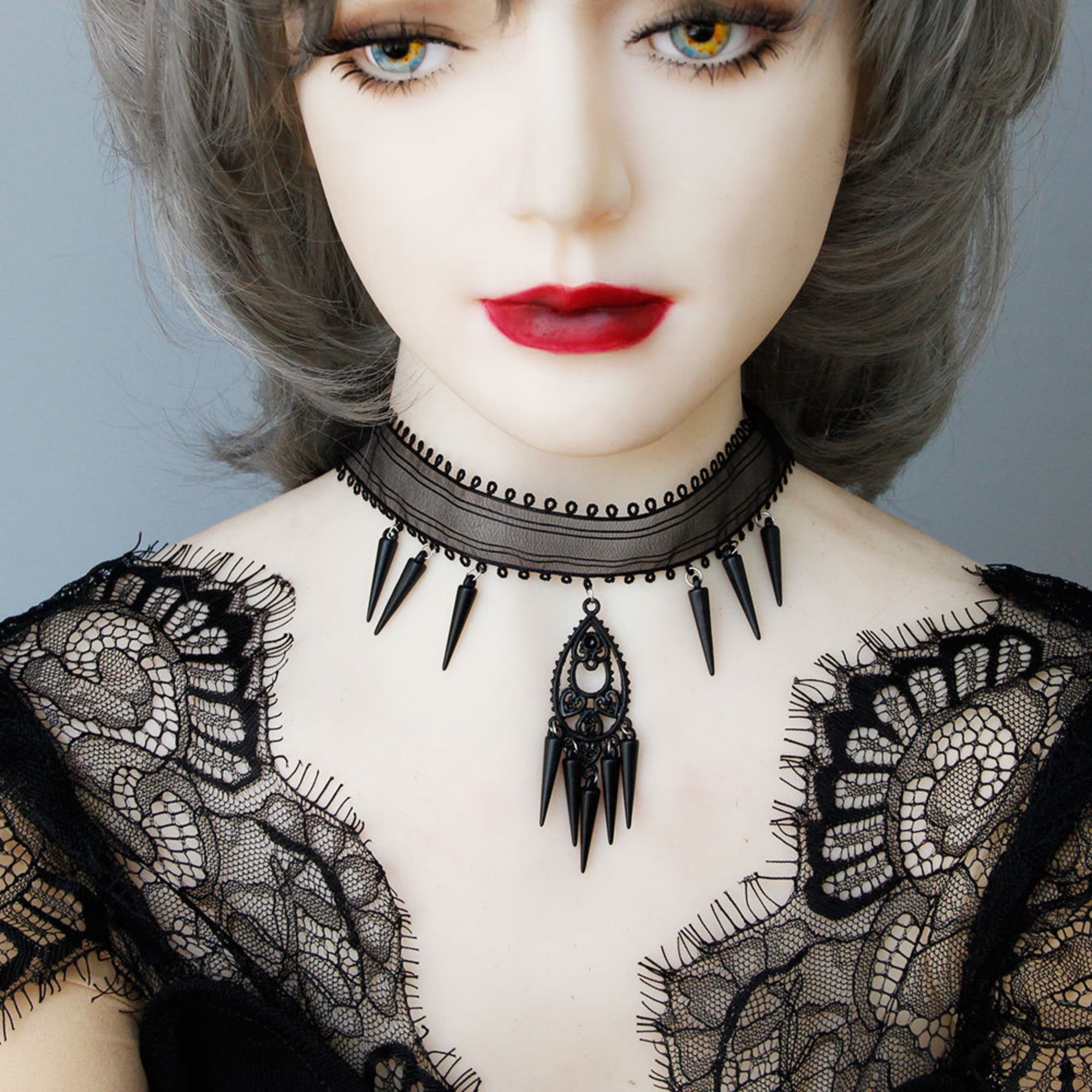 Halloween Black Mesh Choker Necklace | Gothic Spike Fringe Drop Pendant Vampire Dark Queen Halloween Costume Jewelry Gift
