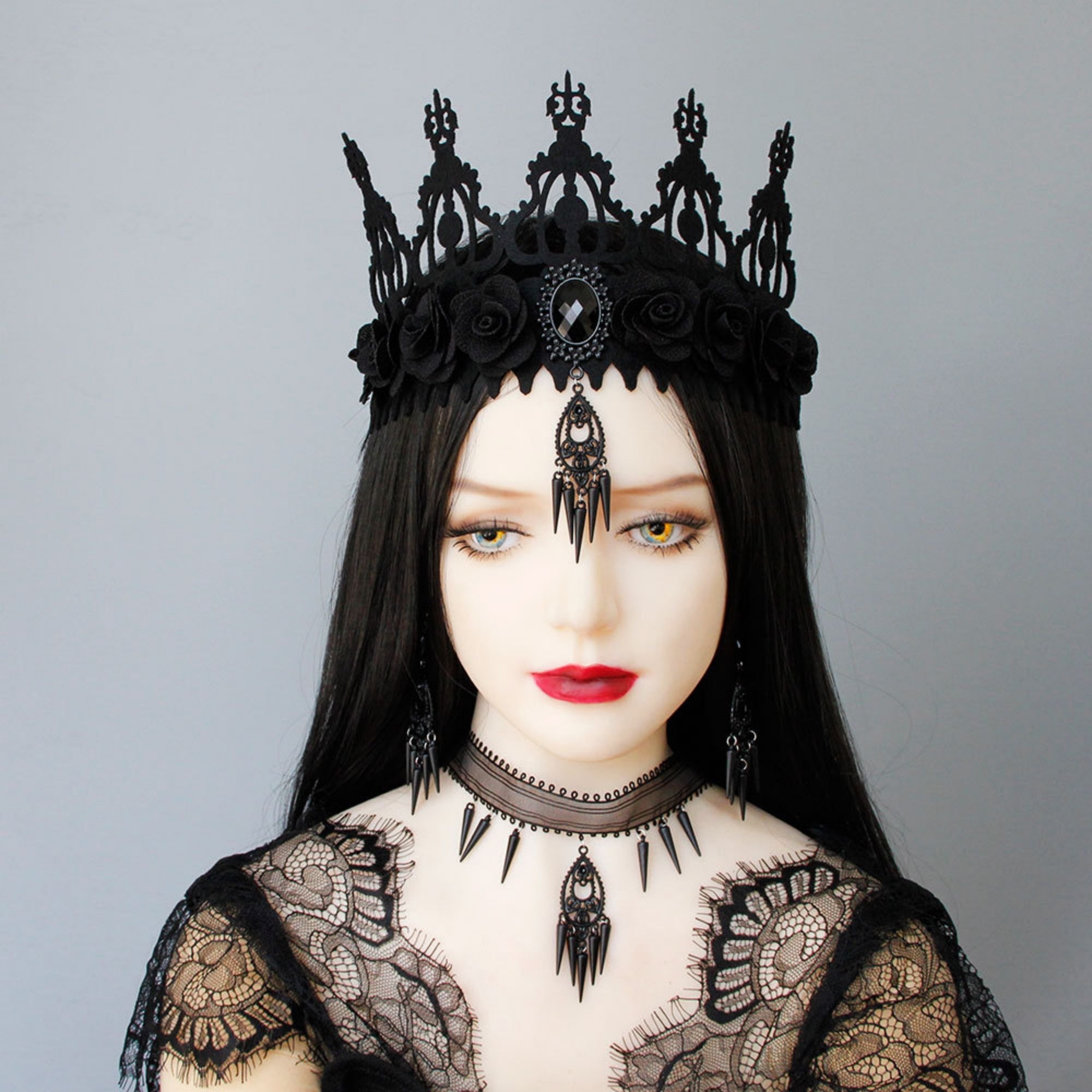 Halloween Black Mesh Choker Necklace | Gothic Spike Fringe Drop Pendant Vampire Dark Queen Halloween Costume Jewelry Gift