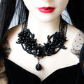 Halloween Black Lace Crystal Flower Cluster Statement Necklace | Black Gem Teardrop Gothic Vampire Queen Dark Bridal Costume Jewelry Halloween Gift