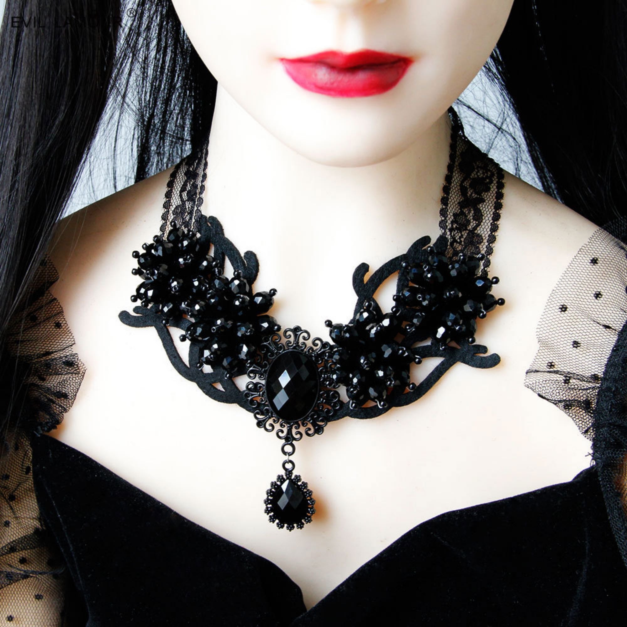 Halloween Black Lace Crystal Flower Cluster Statement Necklace | Black Gem Teardrop Gothic Vampire Queen Dark Bridal Costume Jewelry Halloween Gift