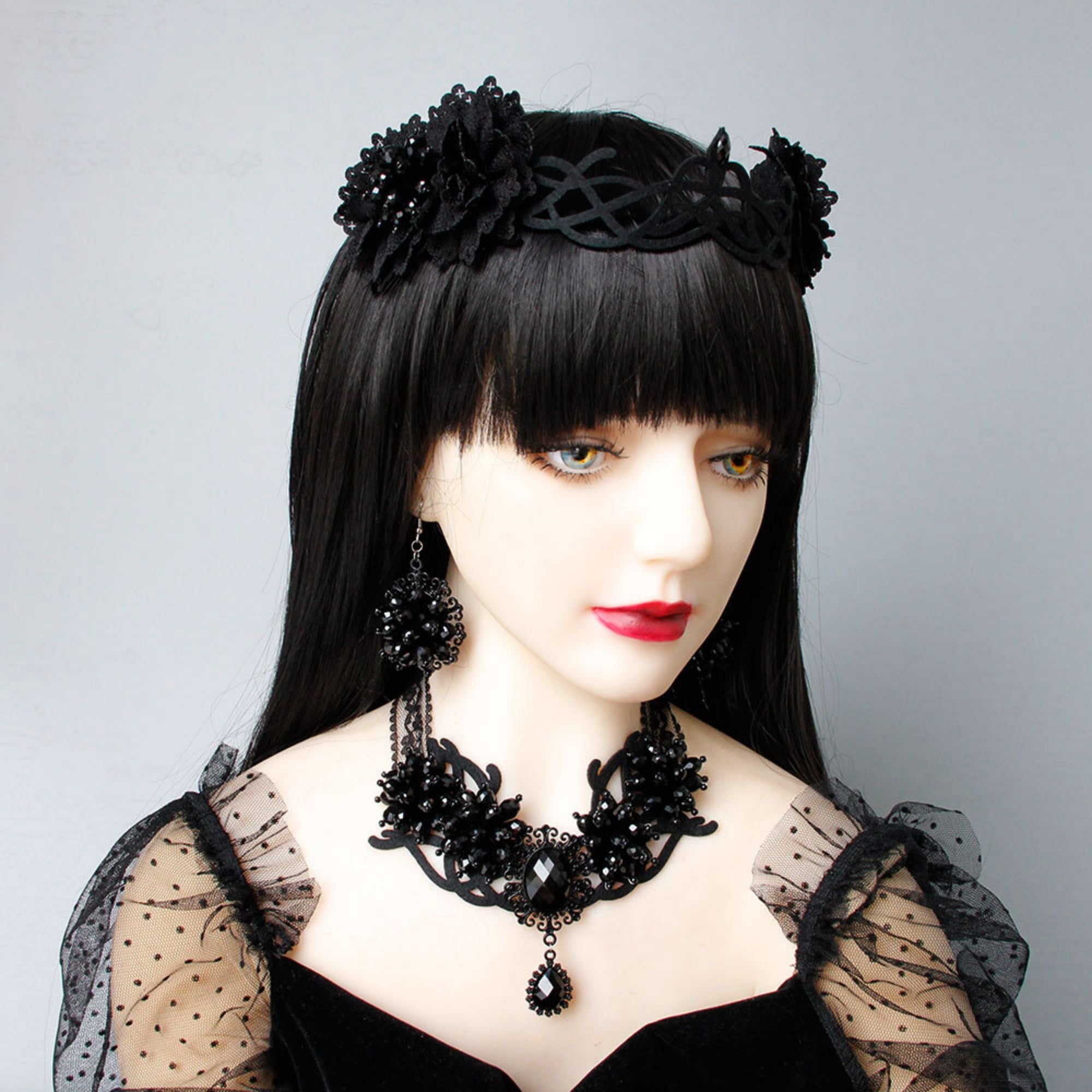 Halloween Black Lace Crystal Flower Cluster Statement Necklace | Black Gem Teardrop Gothic Vampire Queen Dark Bridal Costume Jewelry Halloween Gift