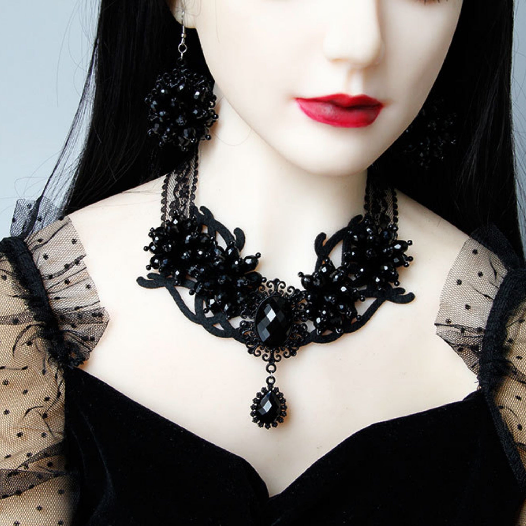 Halloween Black Lace Crystal Flower Cluster Statement Necklace | Black Gem Teardrop Gothic Vampire Queen Dark Bridal Costume Jewelry Halloween Gift
