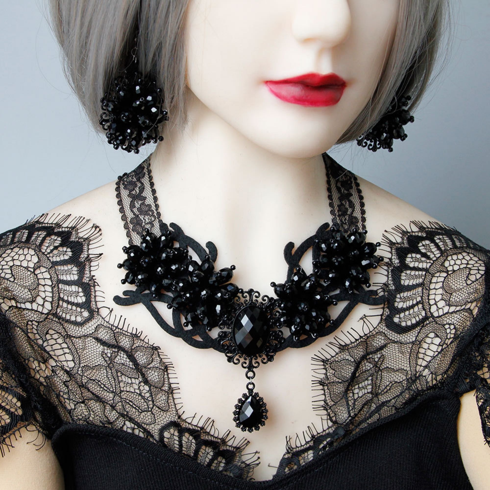 Halloween Black Lace Crystal Flower Cluster Statement Necklace | Black Gem Teardrop Gothic Vampire Queen Dark Bridal Costume Jewelry Halloween Gift
